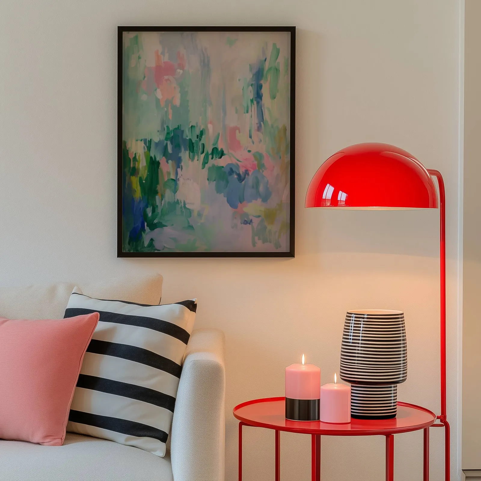 colorful abstract floral wall art in green and pink, above a cream sofa beside a glossy red dome lamp
