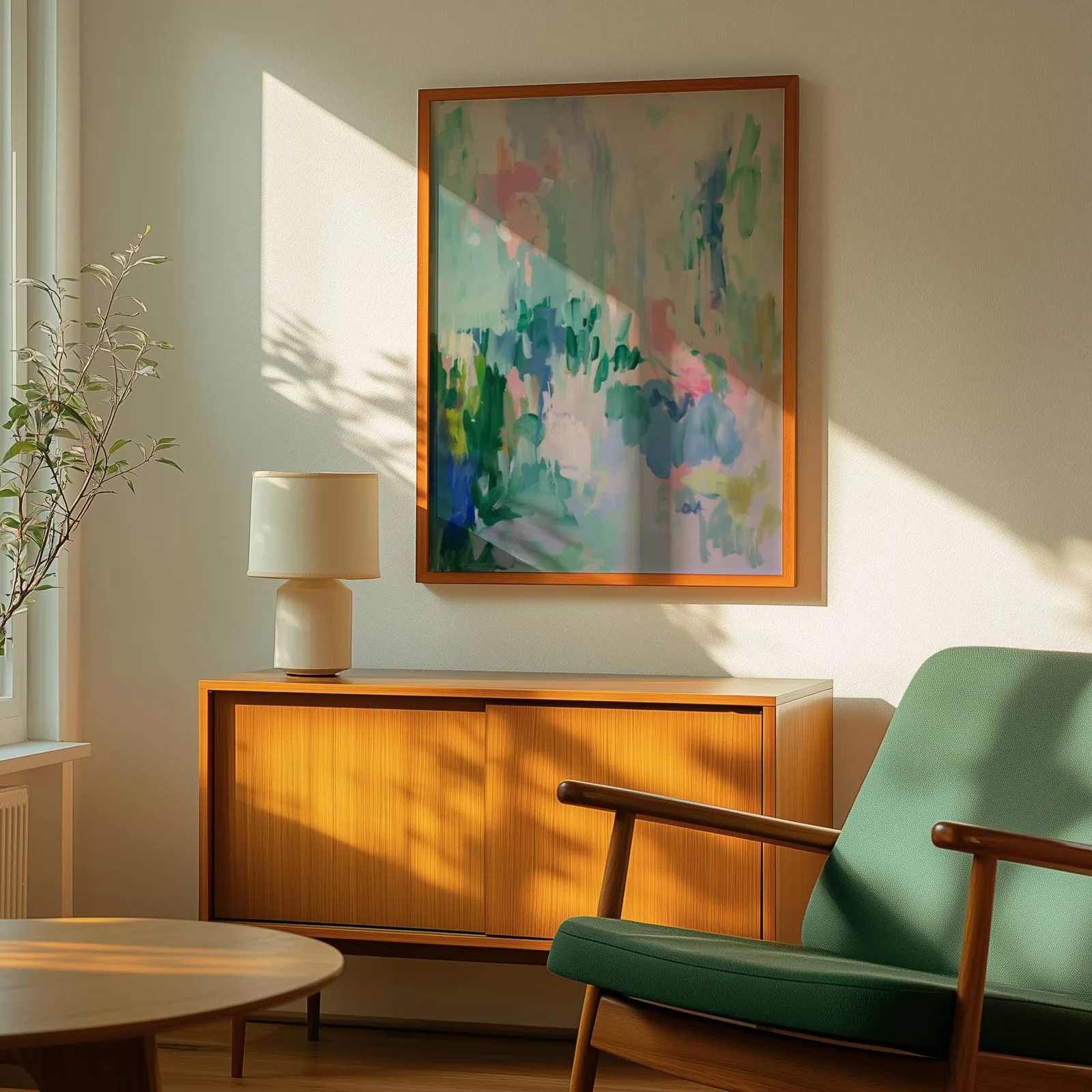 colorful abstract floral wall art in green and pink, above a wooden sideboard with a ceramic lamp and dappled sunlight