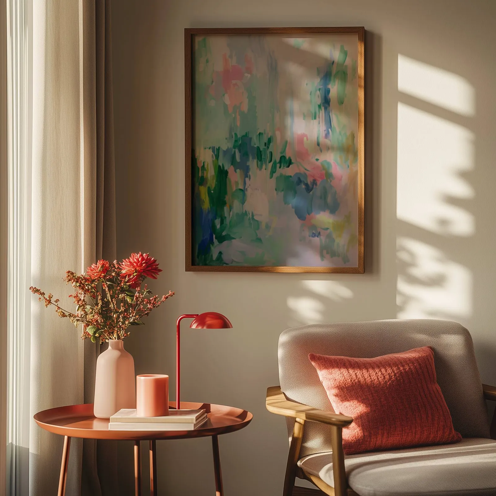 colorful abstract floral wall art in green and pink, above a round side table with a red lamp and dahlias