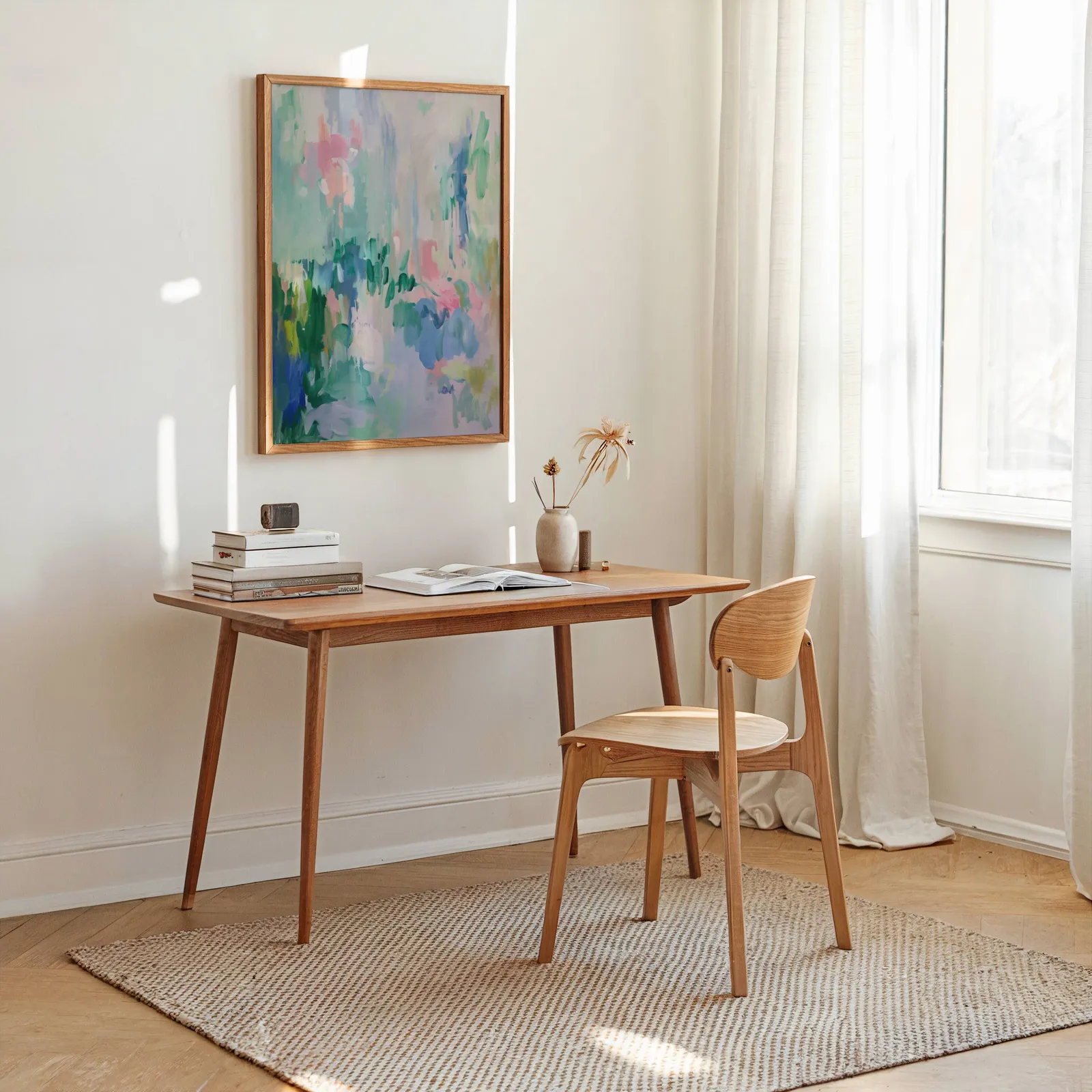 colorful abstract floral wall art in green and pink, above a wooden desk stacked with books near a sunlit window