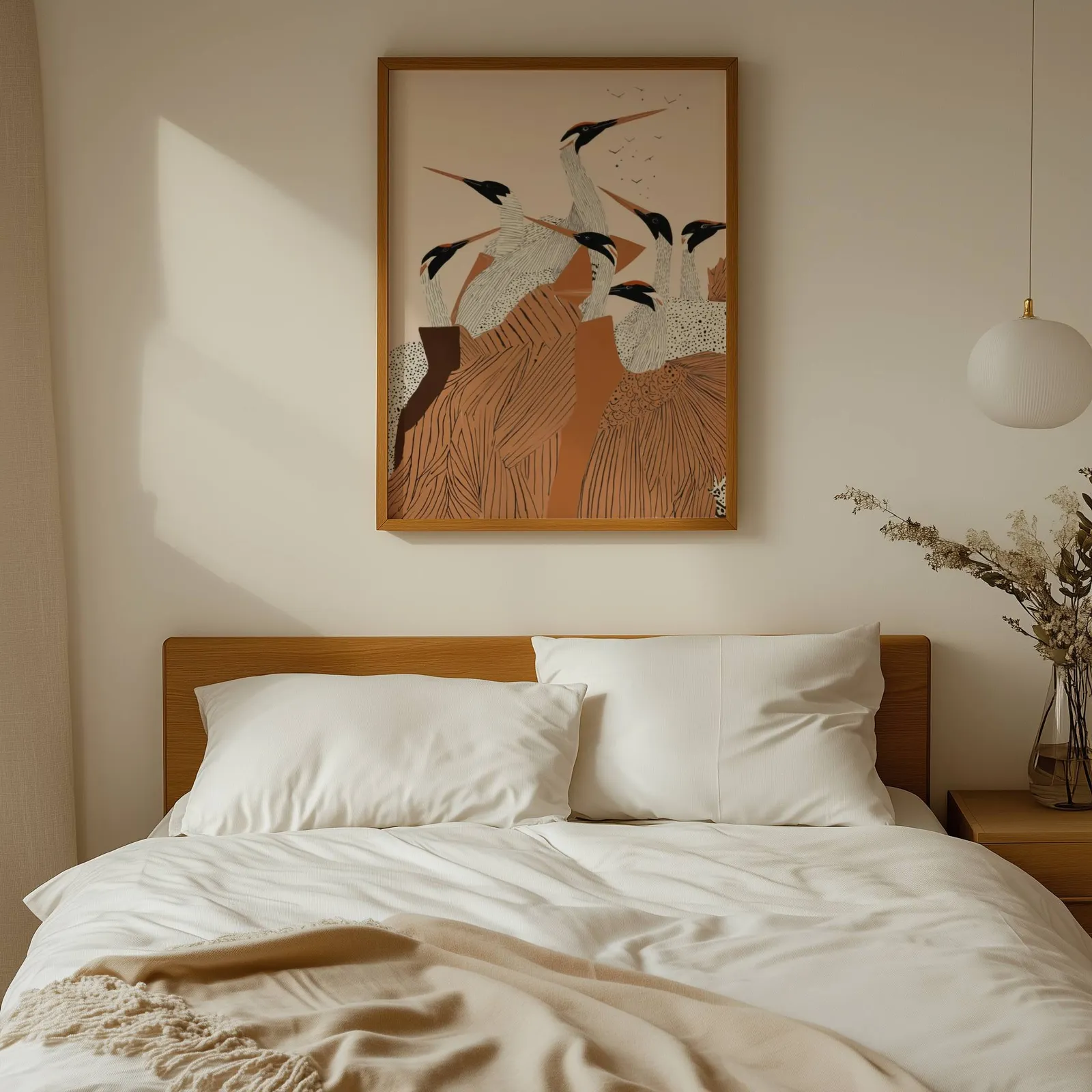 terracotta crane flock nature wall art, above a wooden headboard with white linen pillows
