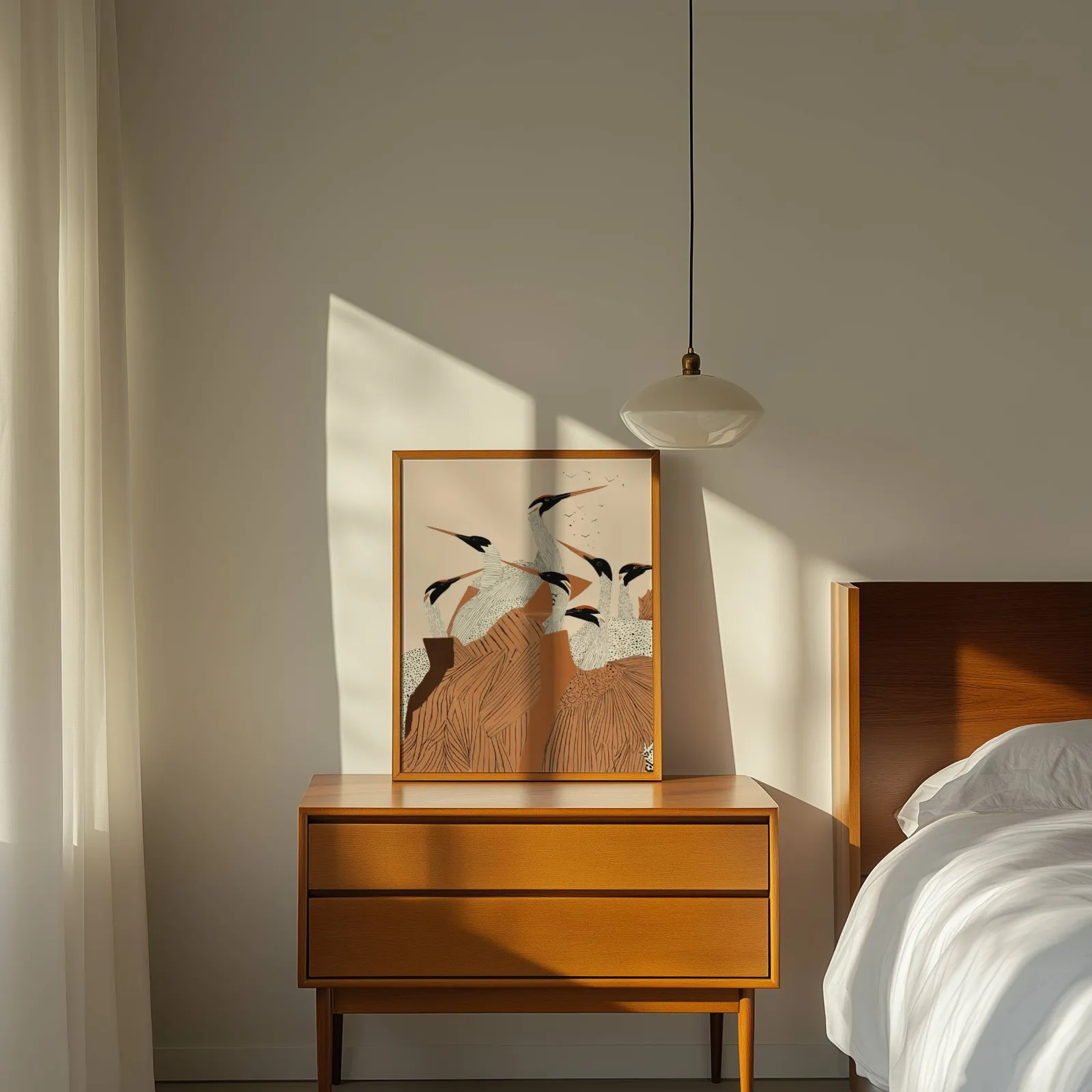 terracotta crane flock nature wall art, propped on a wooden dresser beside a pendant lamp