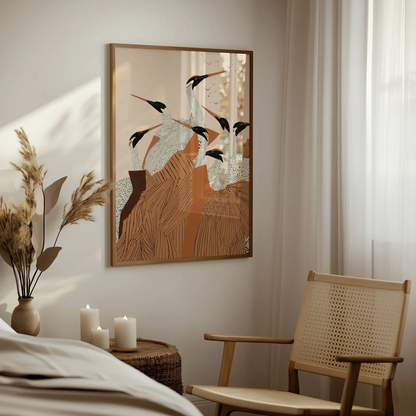 terracotta crane flock nature wall art, above a woven side table with lit candles and pampas grass