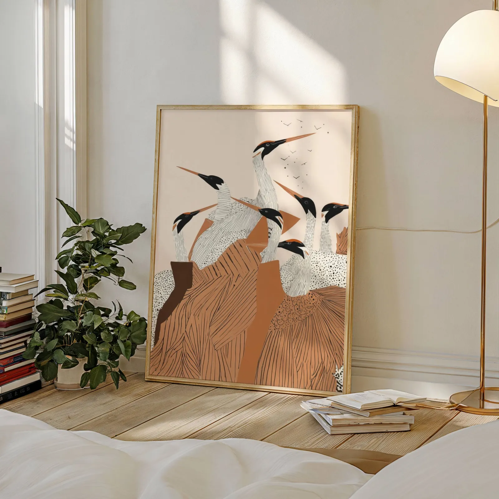 terracotta crane flock nature wall art, leaning against a sunlit wall beside a stacked bookshelf and fiddle-leaf plant