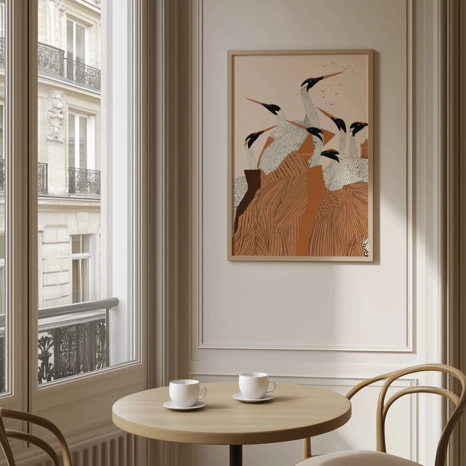 terracotta crane flock nature wall art, above a round café table set with two coffee cups