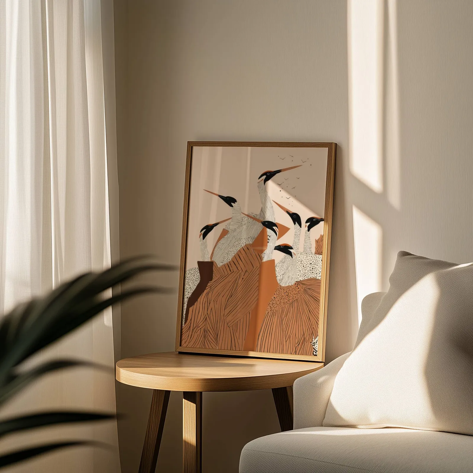 terracotta crane flock nature wall art, leaning on a round wooden side table by a sheer curtain