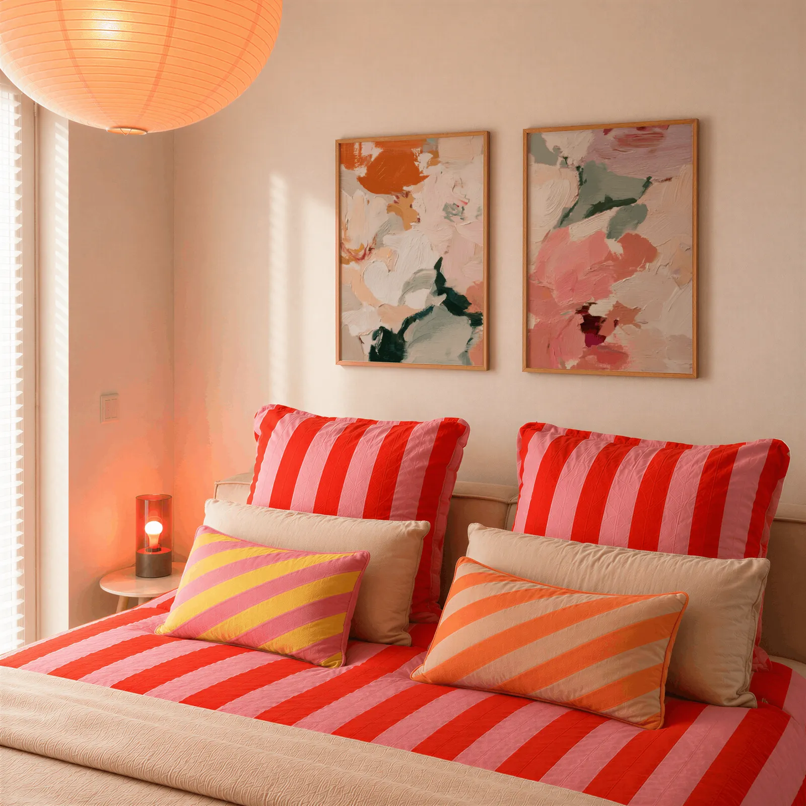 pink and green abstract floral wall art set of two, above a bed piled with red and pink striped pillows