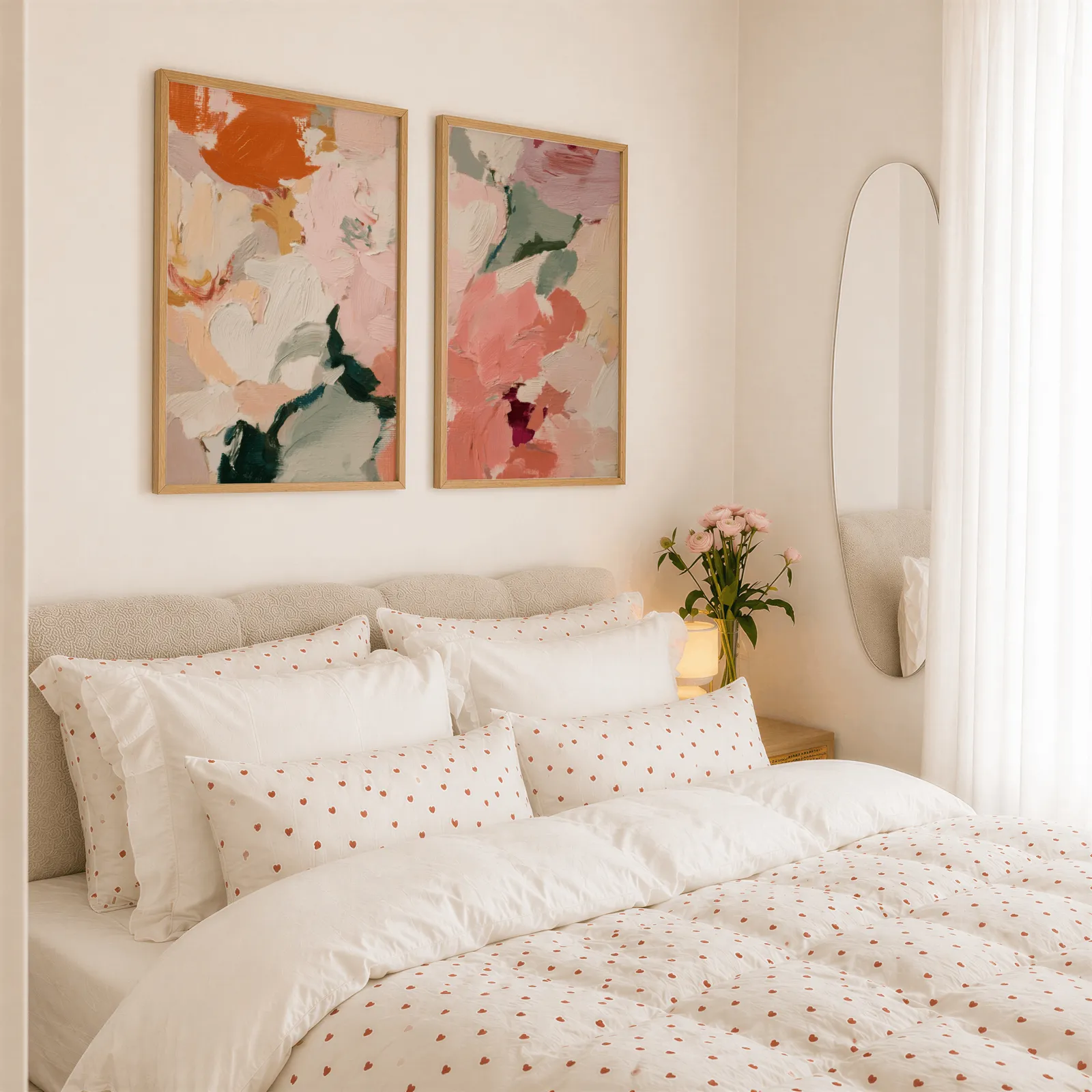 pink and green abstract floral wall art set of two, above a tufted headboard piled with heart-print pillows
