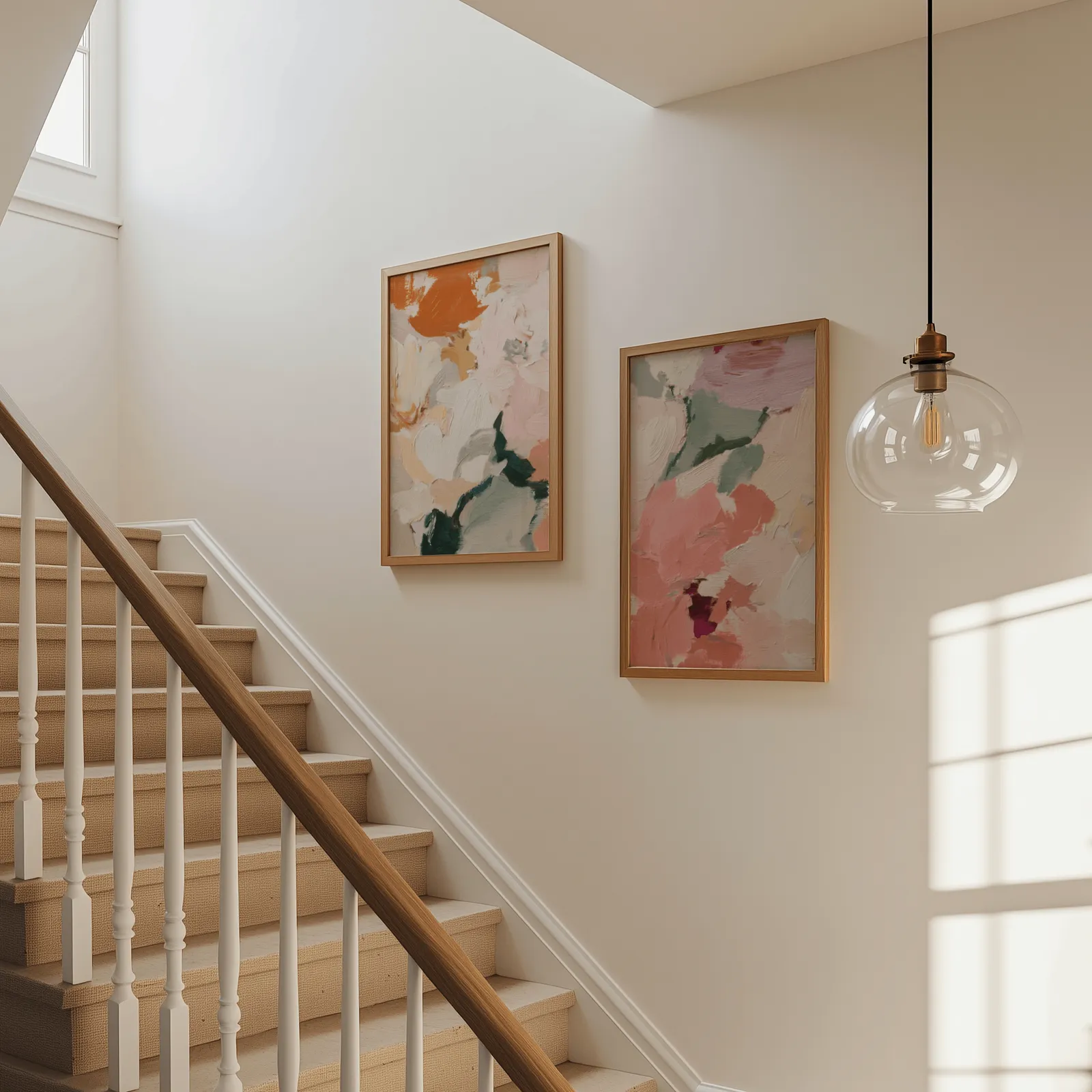 pink and green abstract floral wall art set of two, beside a carpeted staircase under a glass pendant light