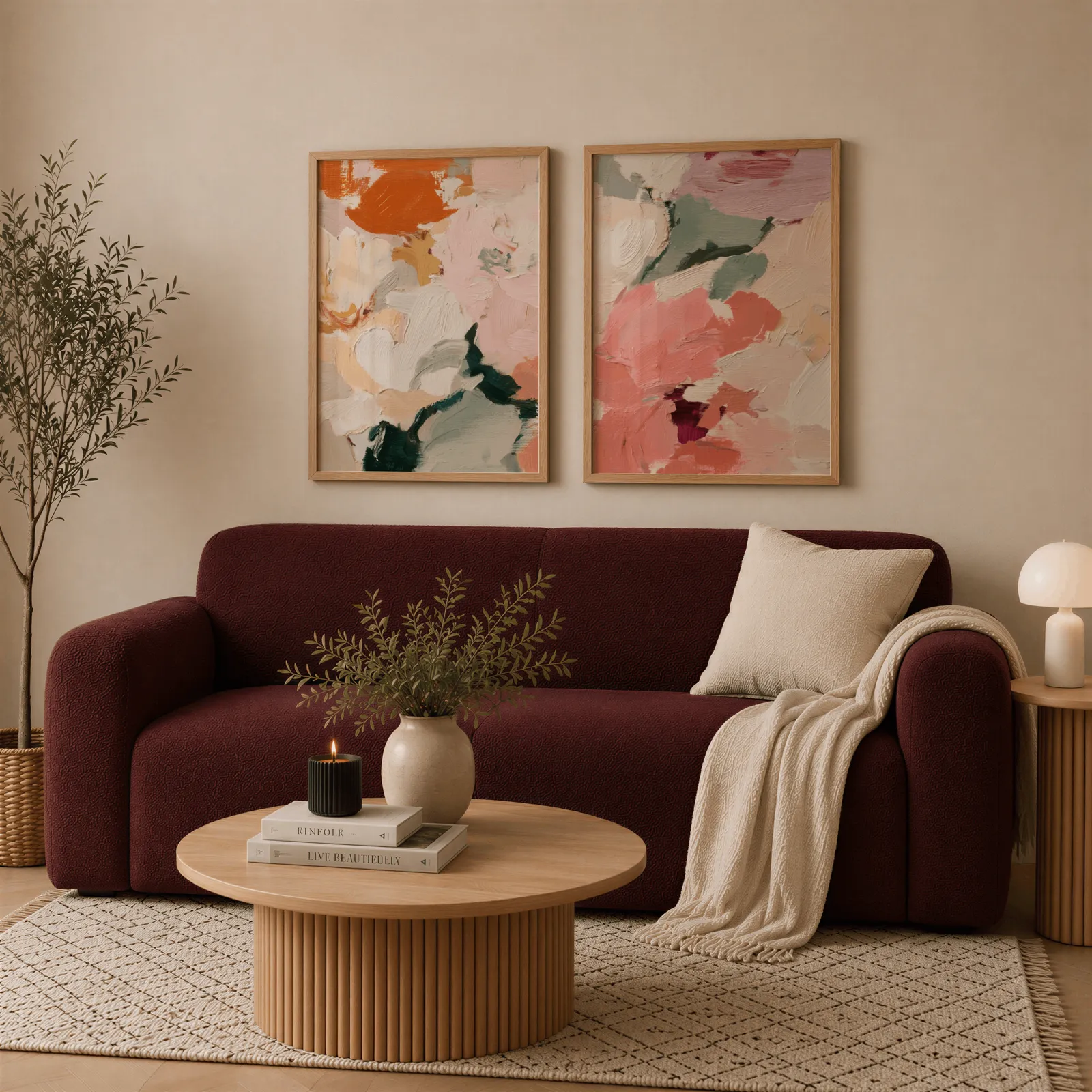 pink and green abstract floral wall art set of two, above a deep burgundy boucle sofa with cream throw