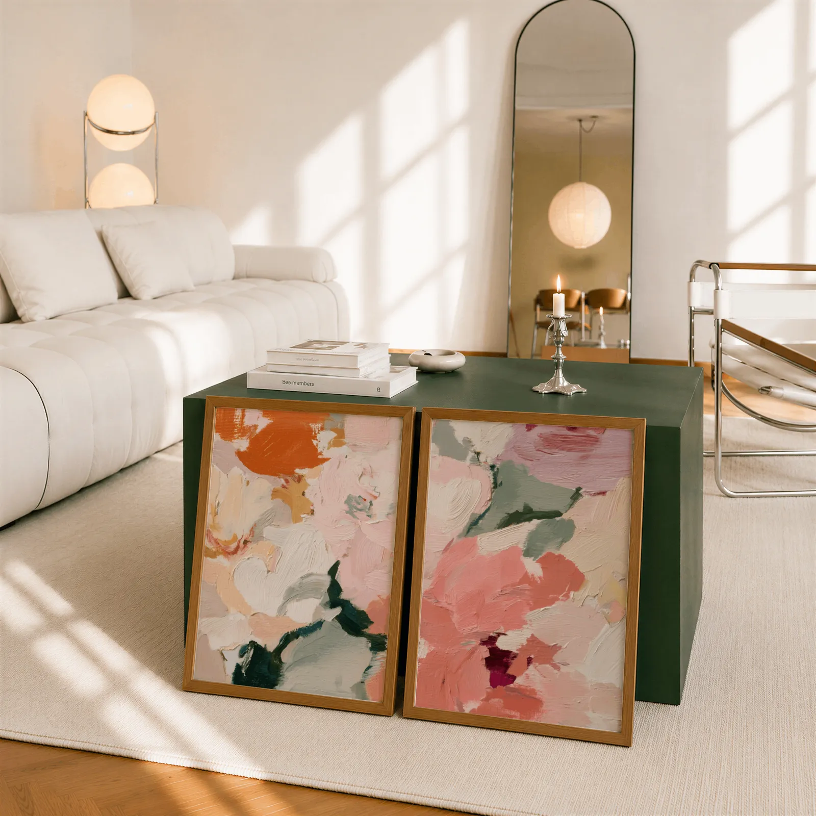 pink and green abstract floral wall art set of two, leaning against a dark green cube table beside an arched mirror