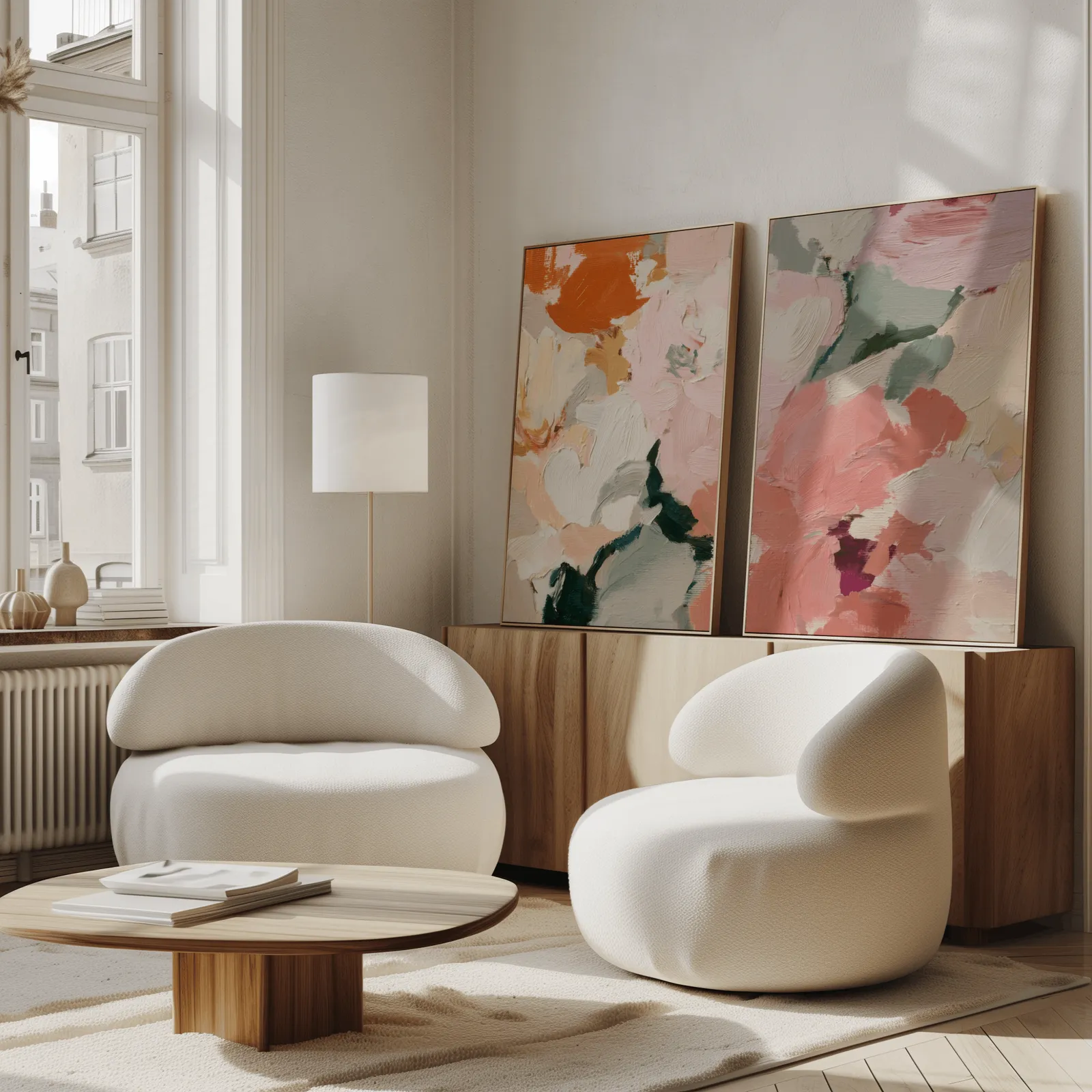 pink and green abstract floral wall art set of two, propped against a wooden sideboard beside boucle armchairs