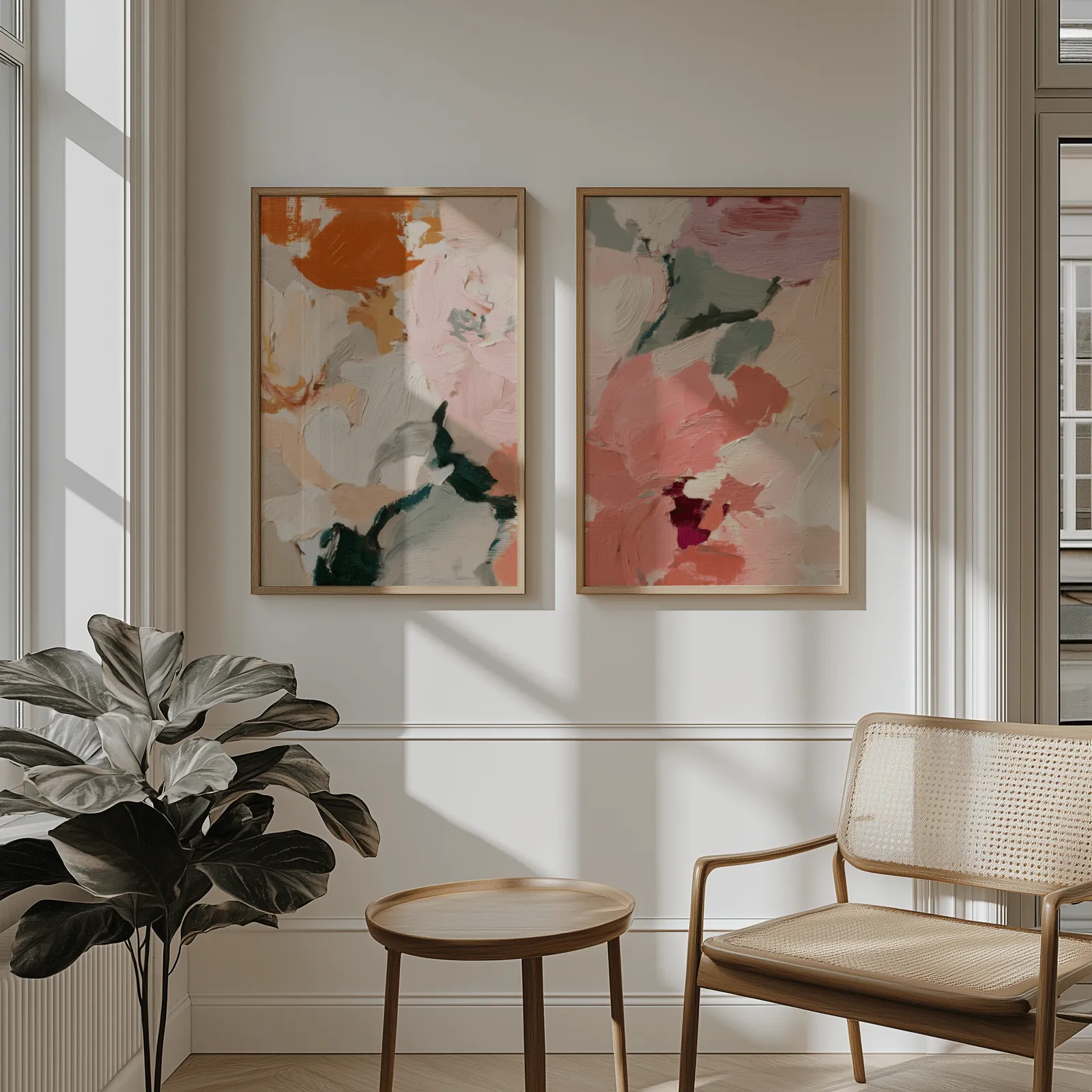 pink and green abstract floral wall art set of two, above wainscoting beside a cane armchair and fiddle-leaf fig