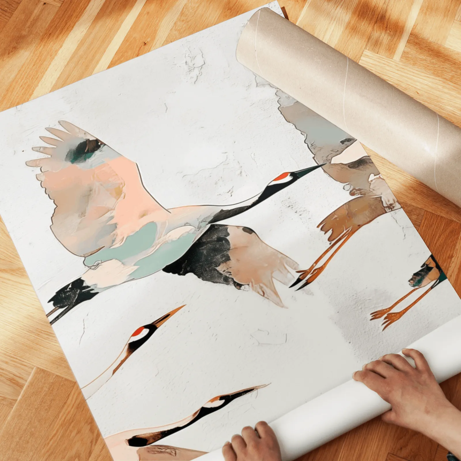 crane birds triptych wall art, unrolled across a herringbone wood floor by hand