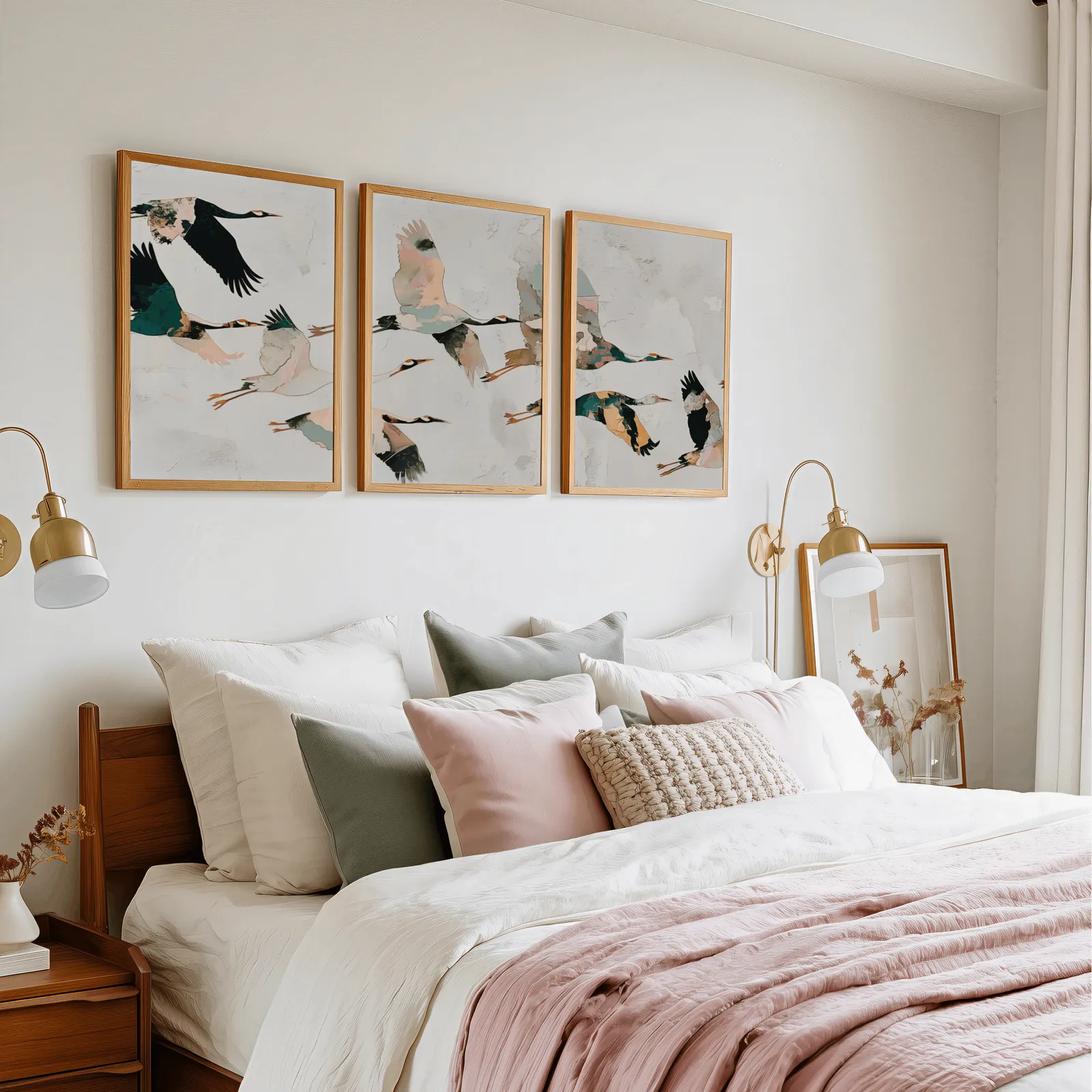 crane birds triptych wall art, in a row above a pink and cream bed with brass sconces