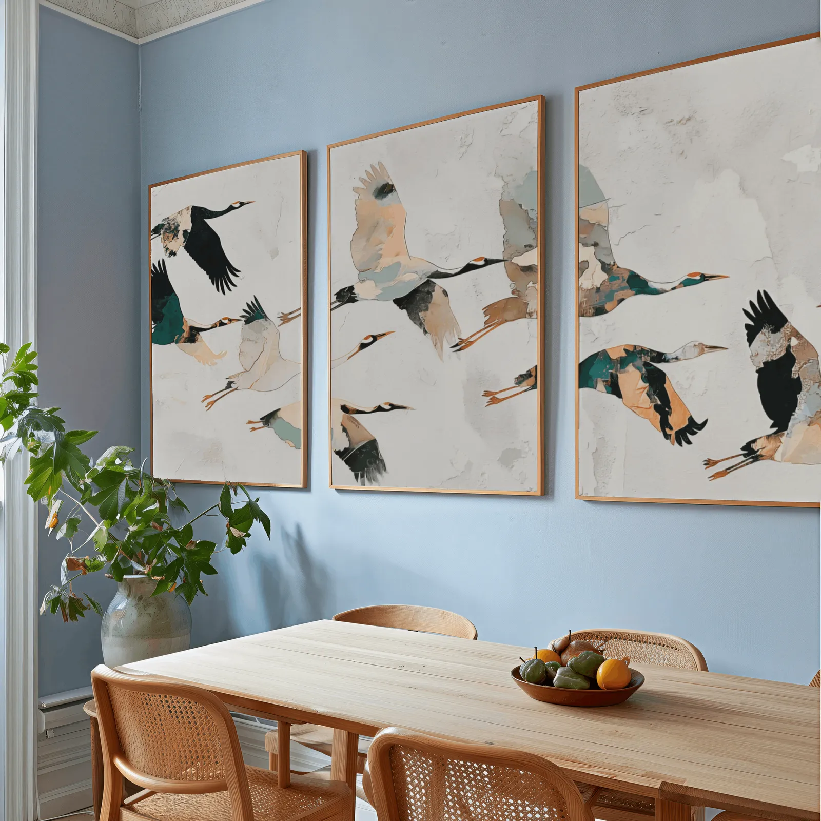 crane birds triptych wall art, above a wooden dining table with cane chairs and a fruit bowl