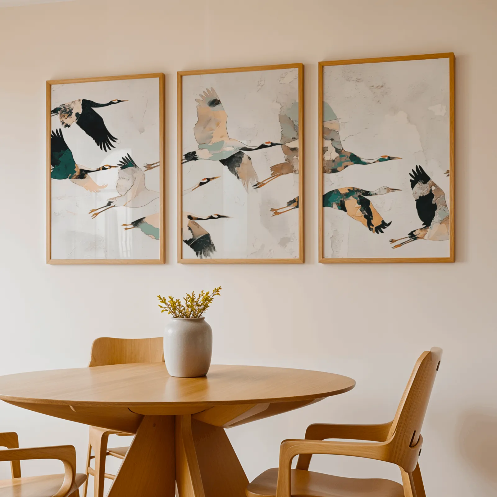 crane birds triptych wall art, above a round wooden table with a stoneware vase