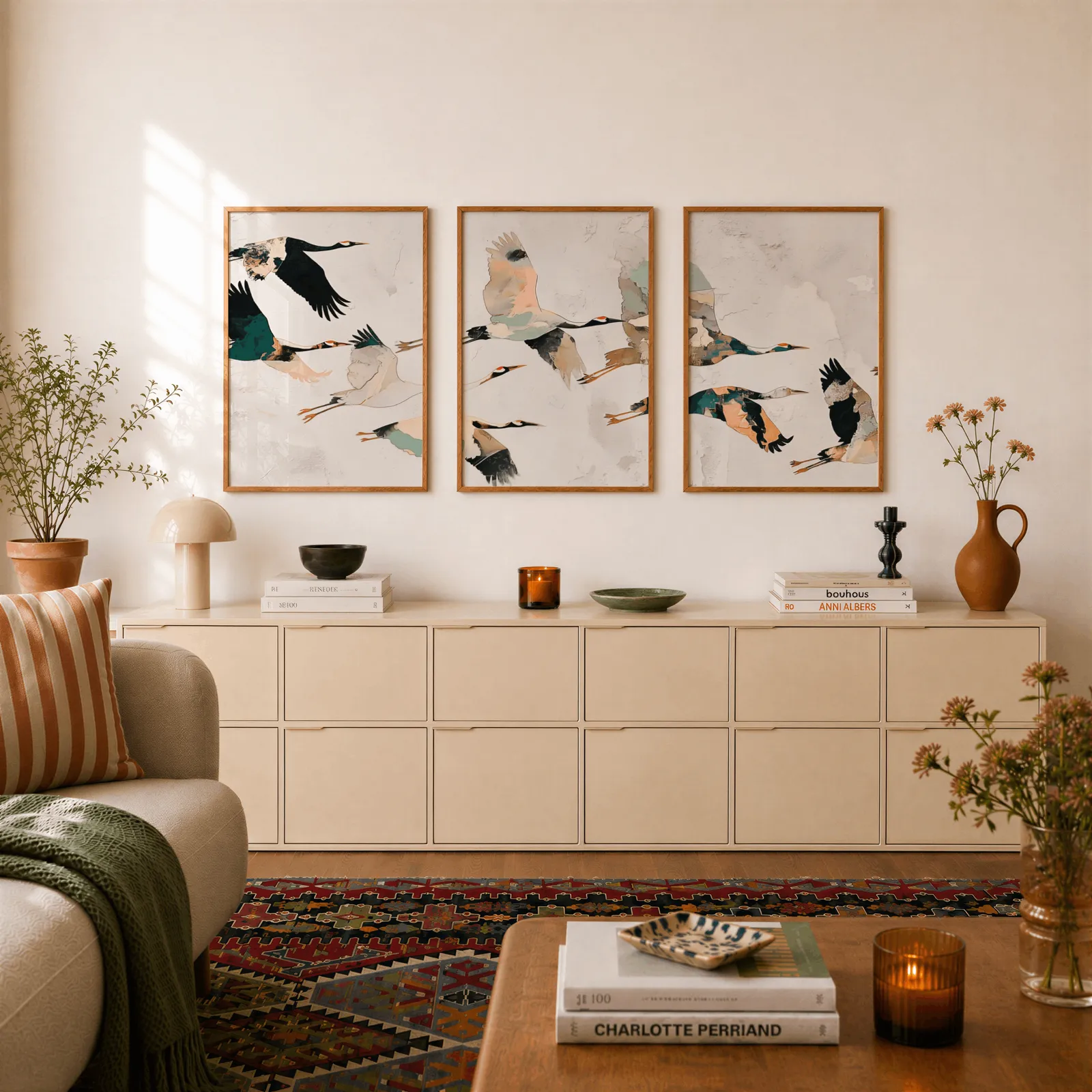 crane birds triptych wall art, above a long cream sideboard topped with books and a terracotta jug