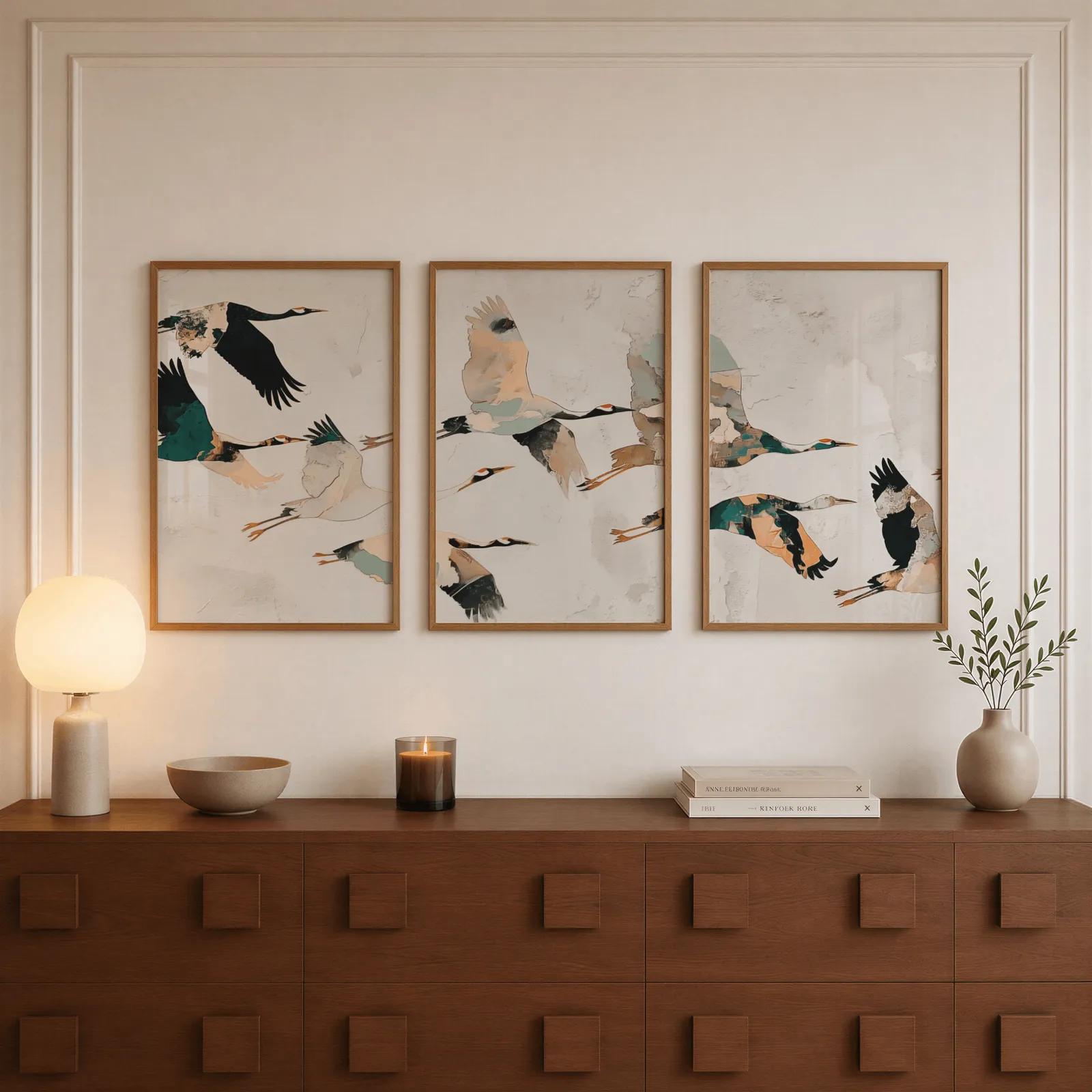 crane birds triptych wall art, above a walnut sideboard with a lit candle and glowing lamp