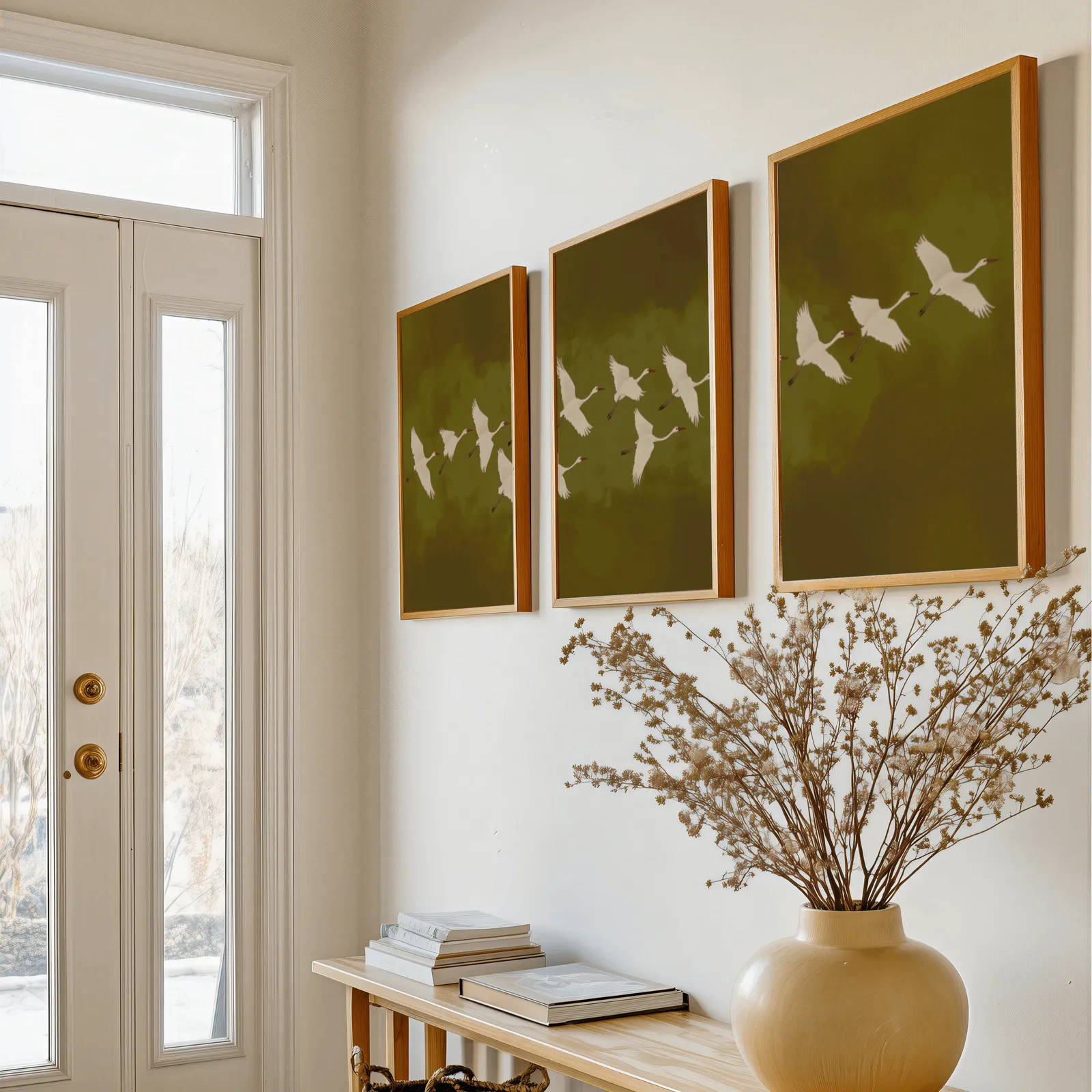 green cranes triptych wall art, above a console table with a yellow vase of dried branches