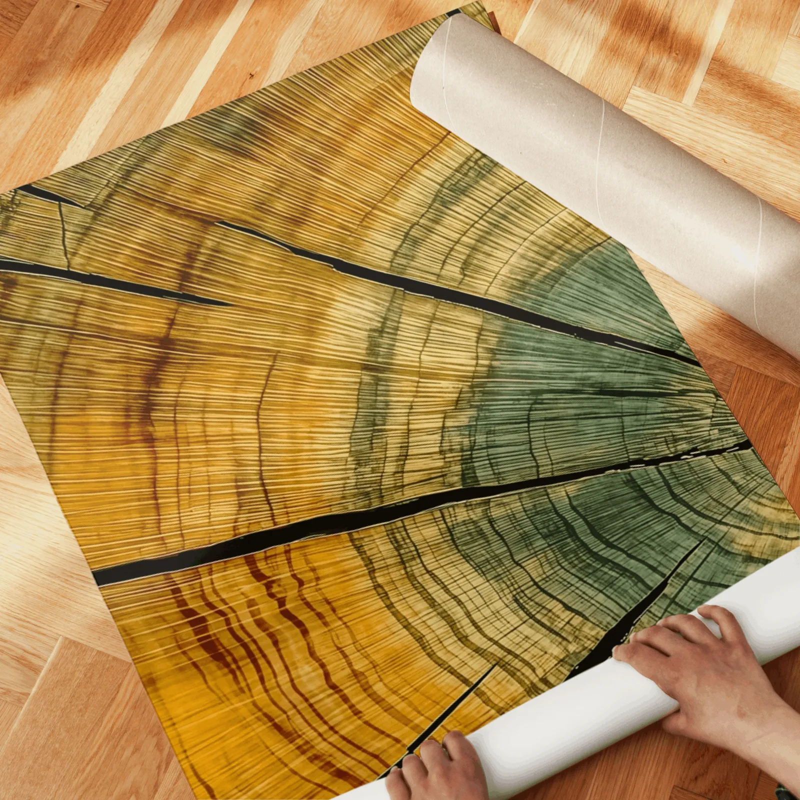 green and yellow tree rings wall art set of 3, unrolled across a herringbone wood floor by hand