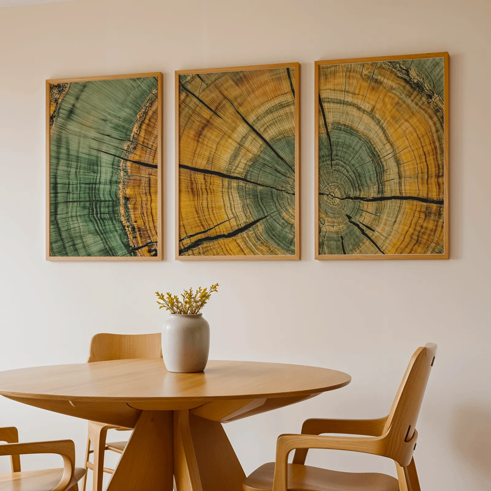 green and yellow tree rings wall art set of 3, above a round wooden table with a stoneware vase