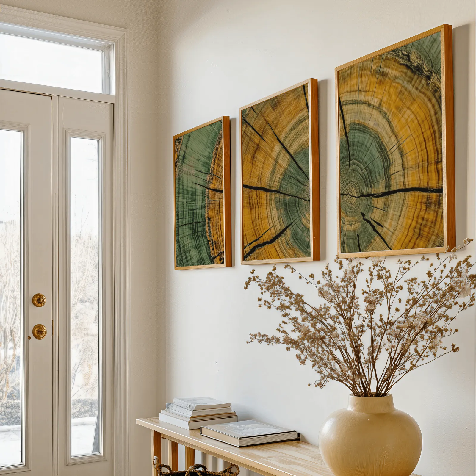 green and yellow tree rings wall art set of 3, above a console table with a yellow vase of dried branches