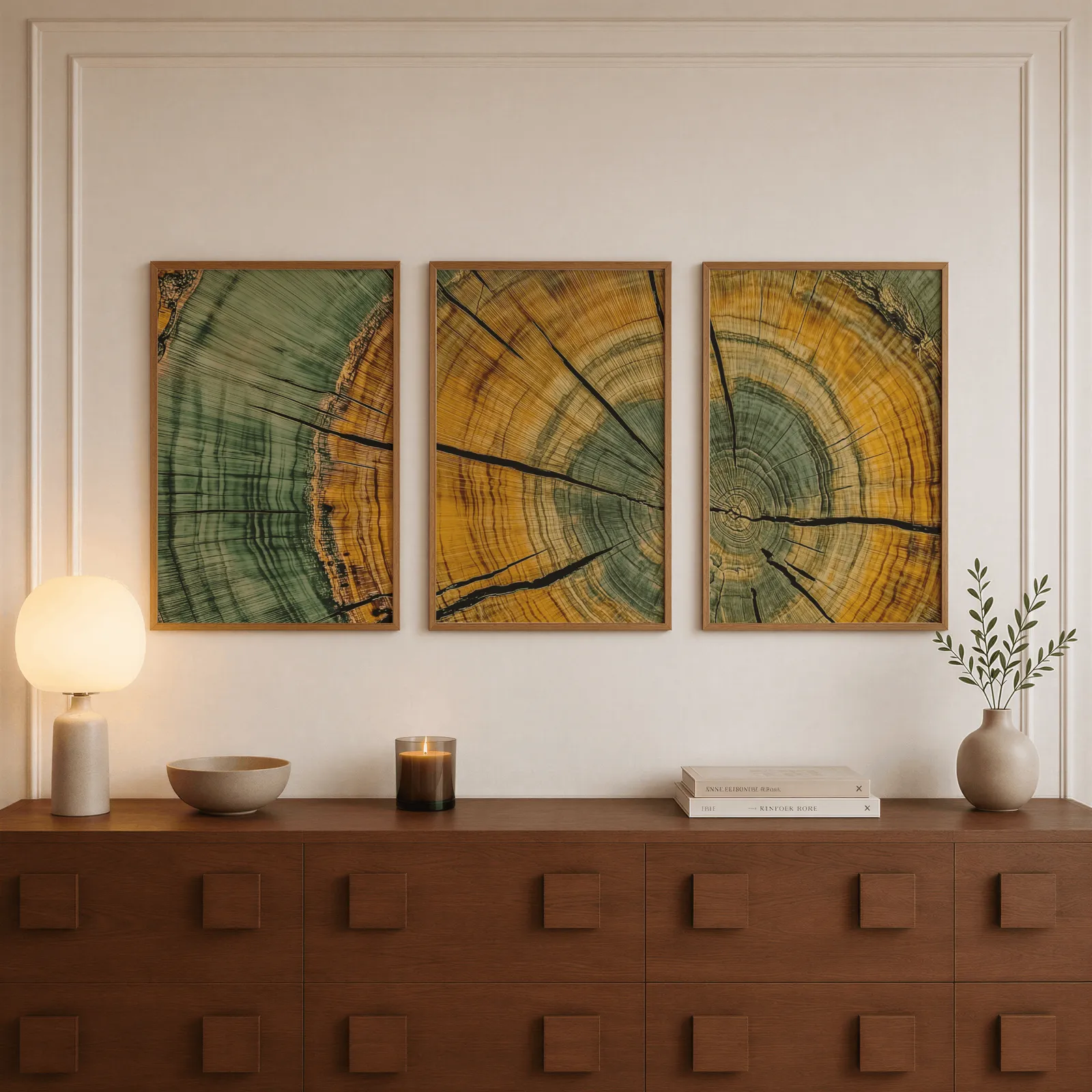 green and yellow tree rings wall art set of 3, above a walnut sideboard with a lit candle and glowing lamp
