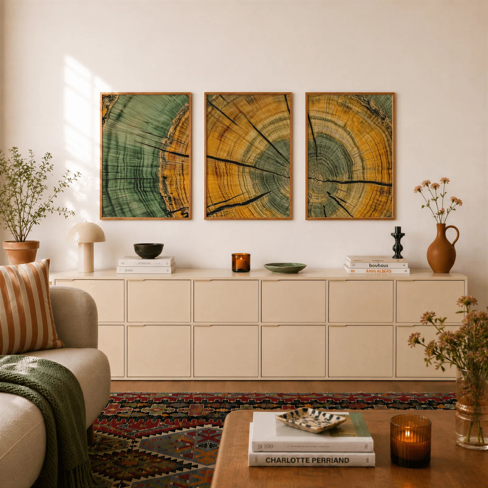 green and yellow tree rings wall art set of 3, above a long cream sideboard topped with books and a terracotta jug