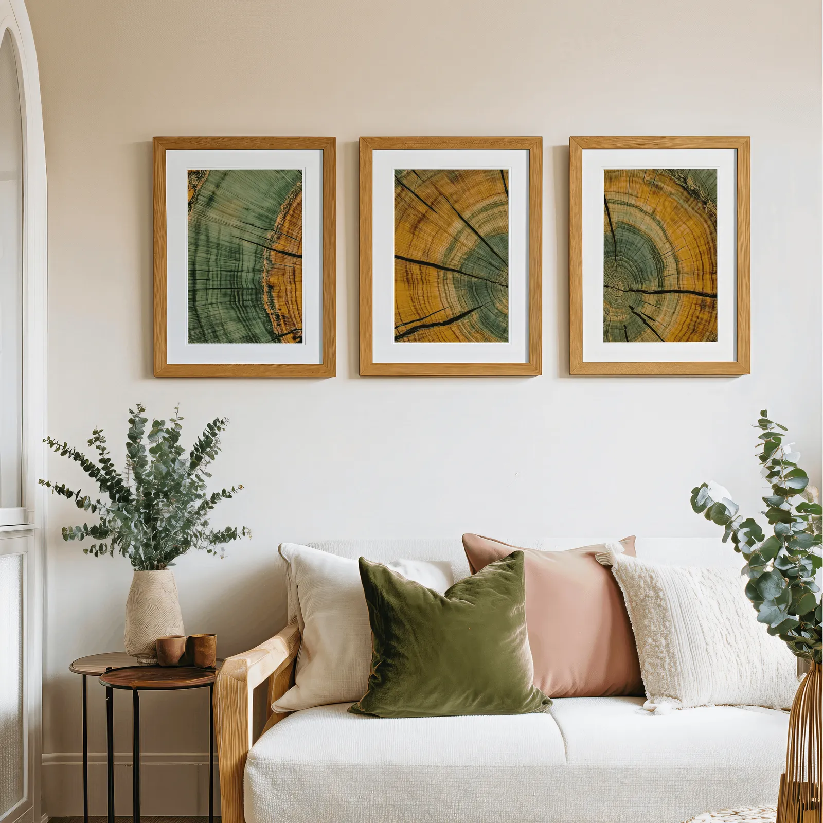 green and yellow tree rings wall art set of 3, above a cream sofa piled with olive and blush pillows