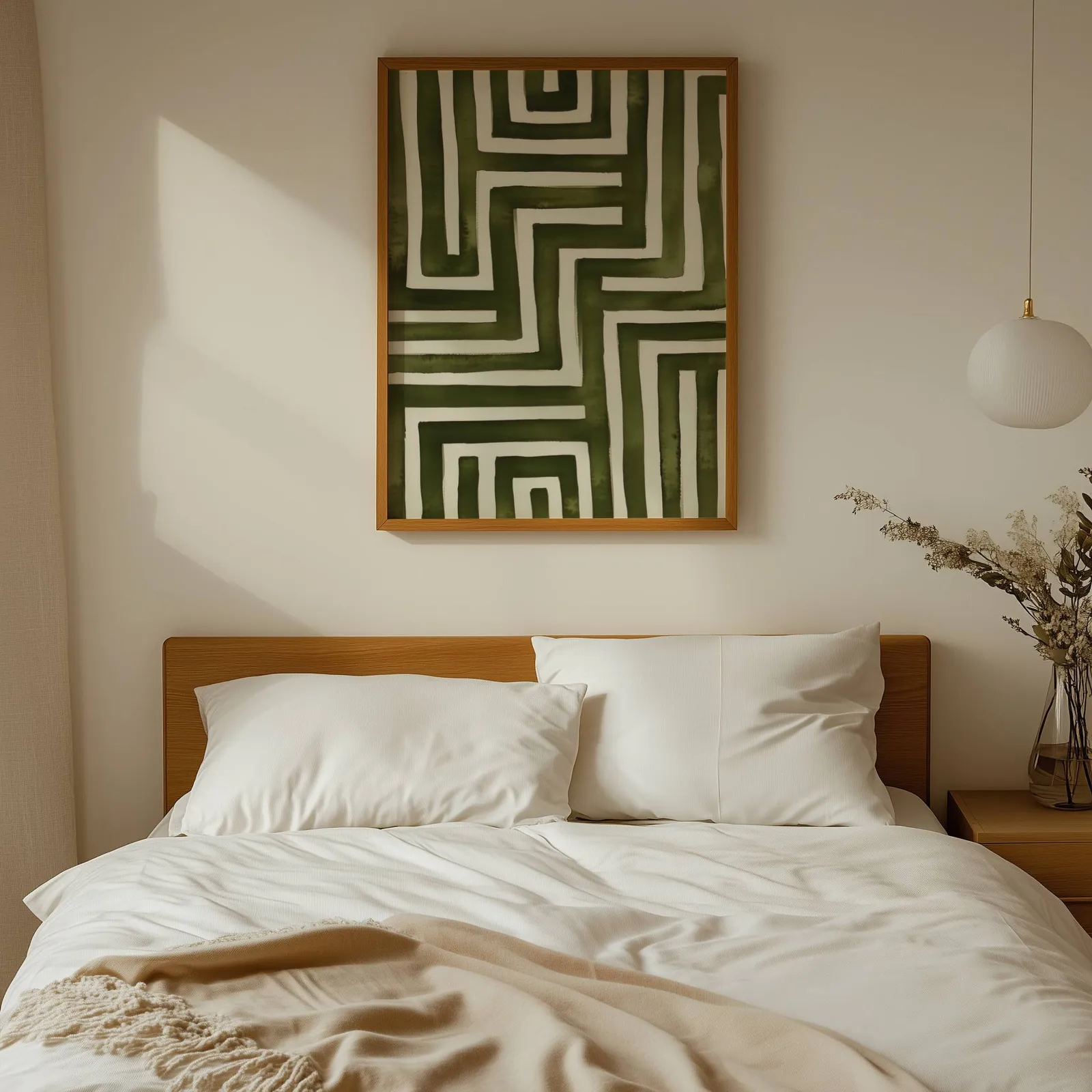 green abstract maze minimalist wall art, above a wooden headboard with white linen pillows