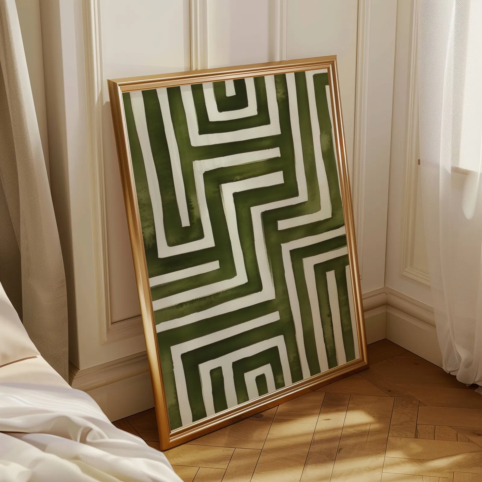 green abstract maze minimalist wall art, leaning in a sunlit corner beside sheer curtains and herringbone floor