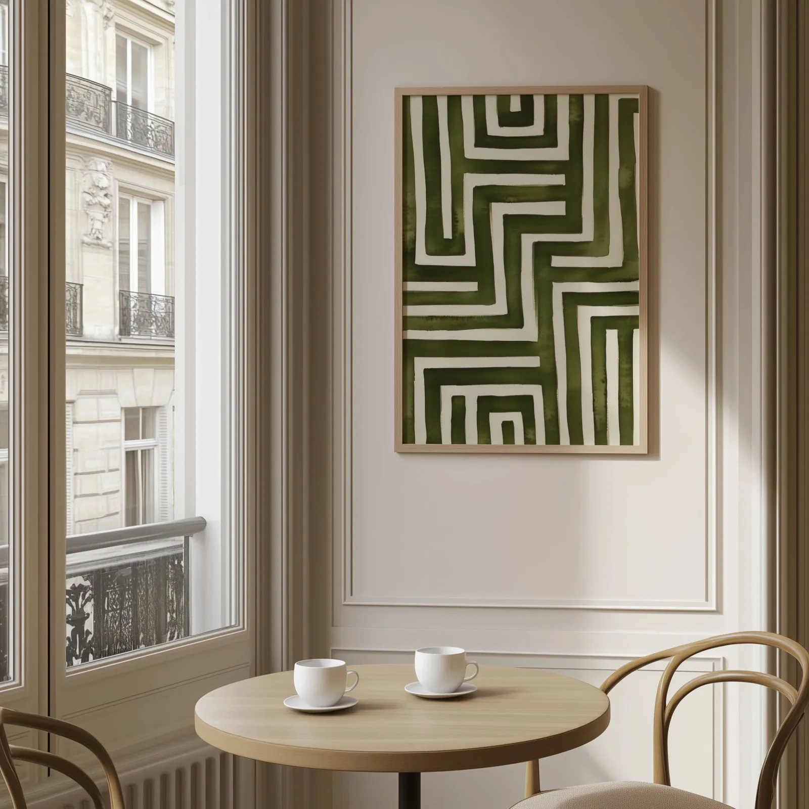green abstract maze minimalist wall art, above a round café table set with two coffee cups
