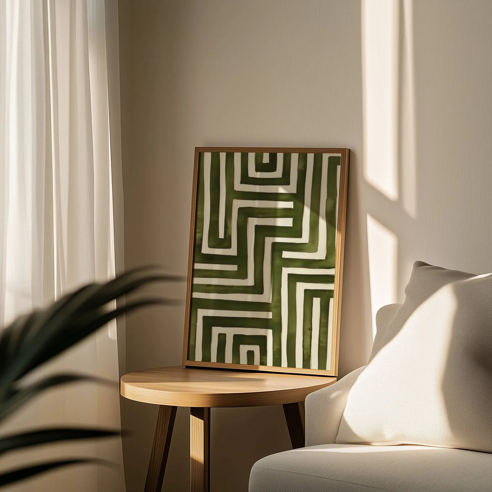 green abstract maze minimalist wall art, leaning on a round wooden side table by a sheer curtain