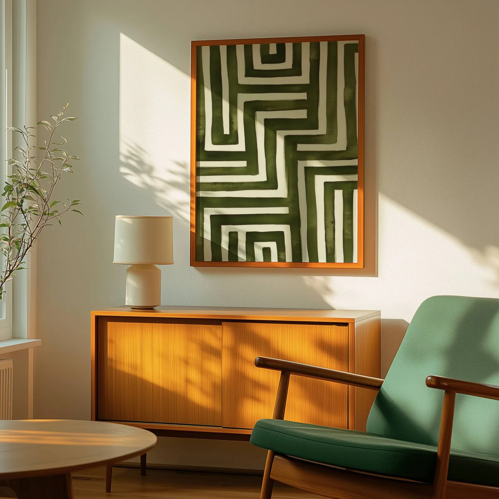 green abstract maze minimalist wall art, above a wooden sideboard with a ceramic lamp and dappled sunlight