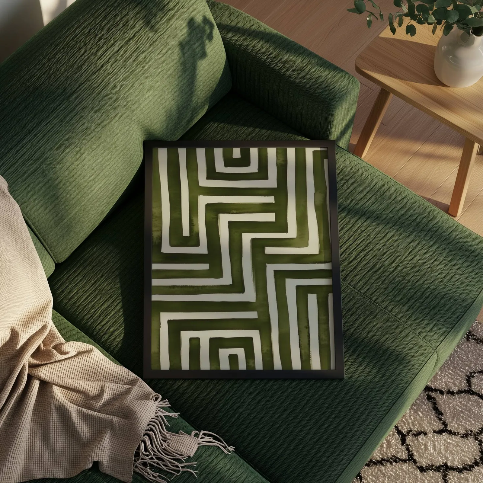 green abstract maze minimalist wall art, propped on a ribbed olive-green sofa beside a fringed throw