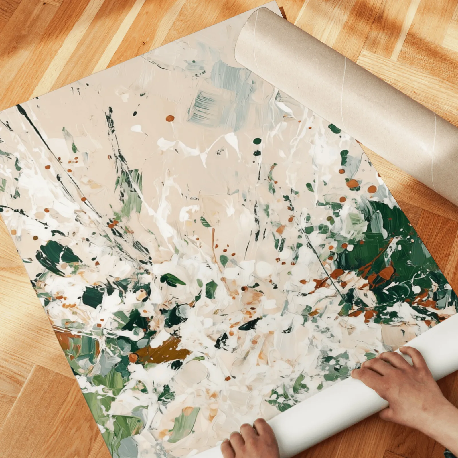 green terracotta abstract wall art set of three, unrolled across a herringbone wood floor by hand