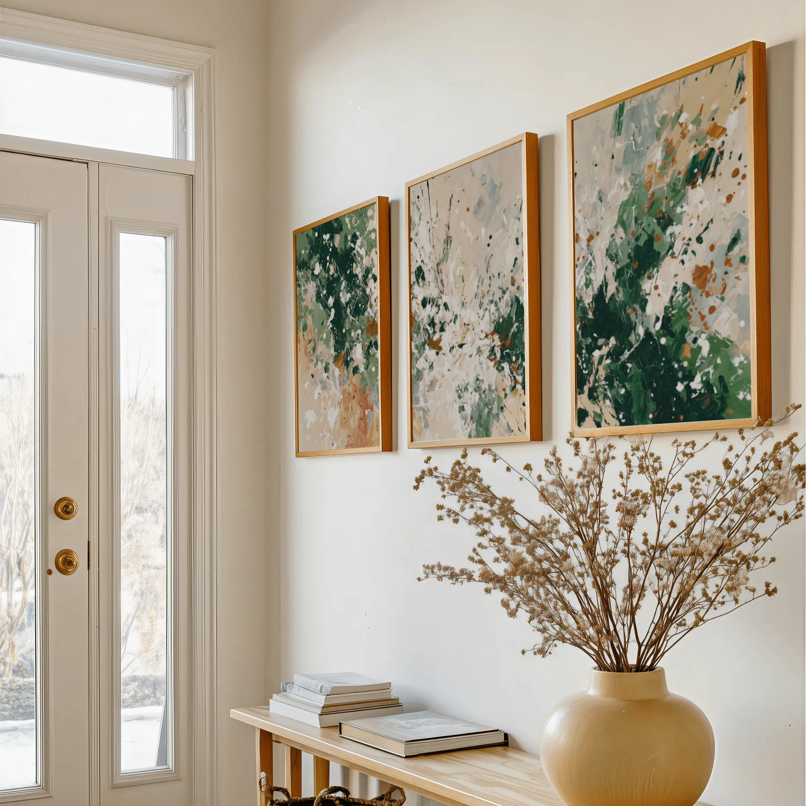 green terracotta abstract wall art set of three, above a console table with a yellow vase of dried branches