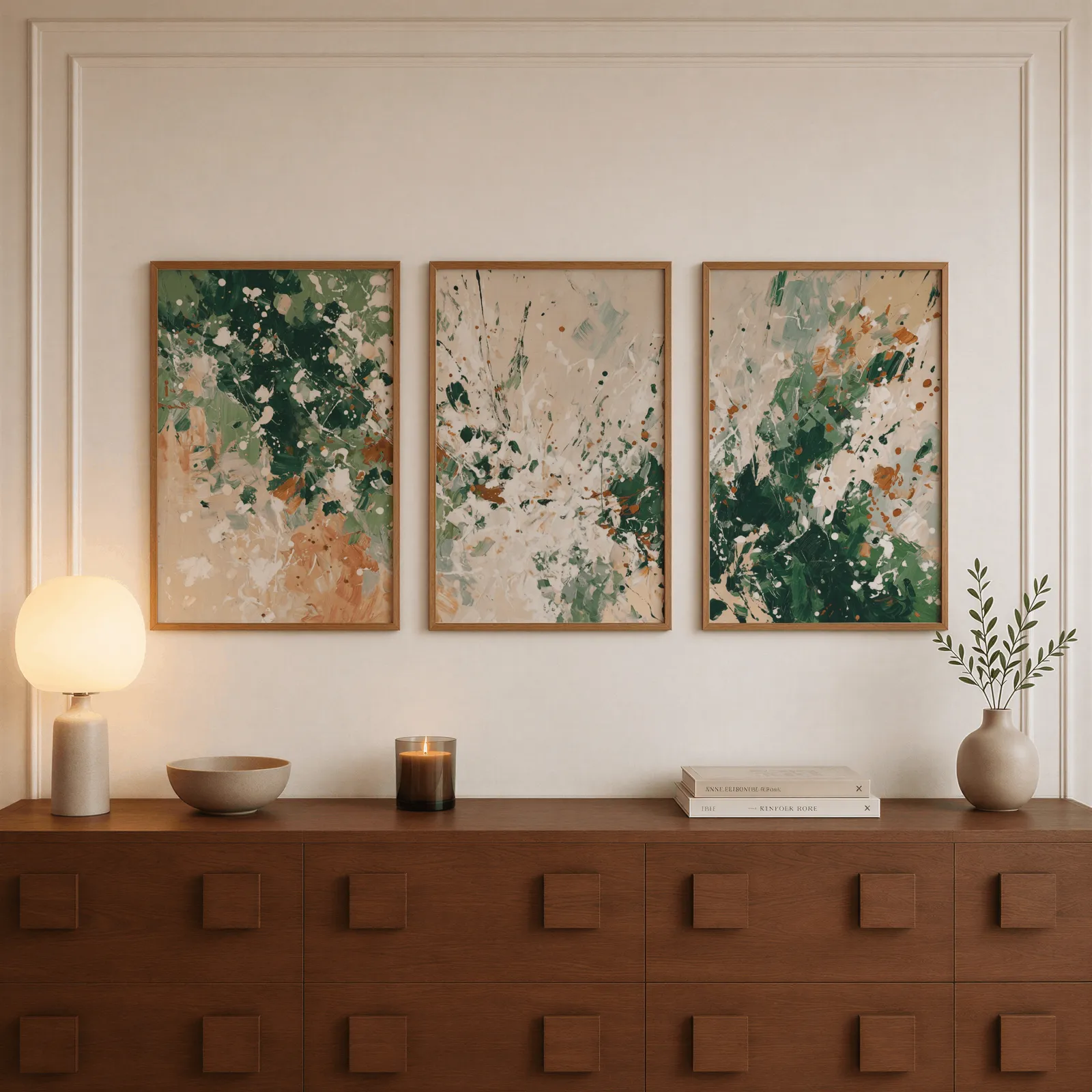 green terracotta abstract wall art set of three, above a walnut sideboard with a lit candle and glowing lamp