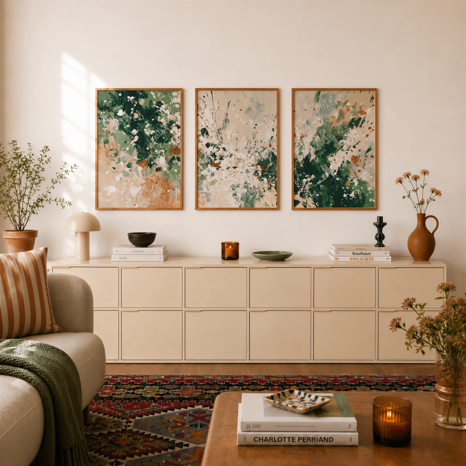 green terracotta abstract wall art set of three, above a long cream sideboard topped with books and a terracotta jug
