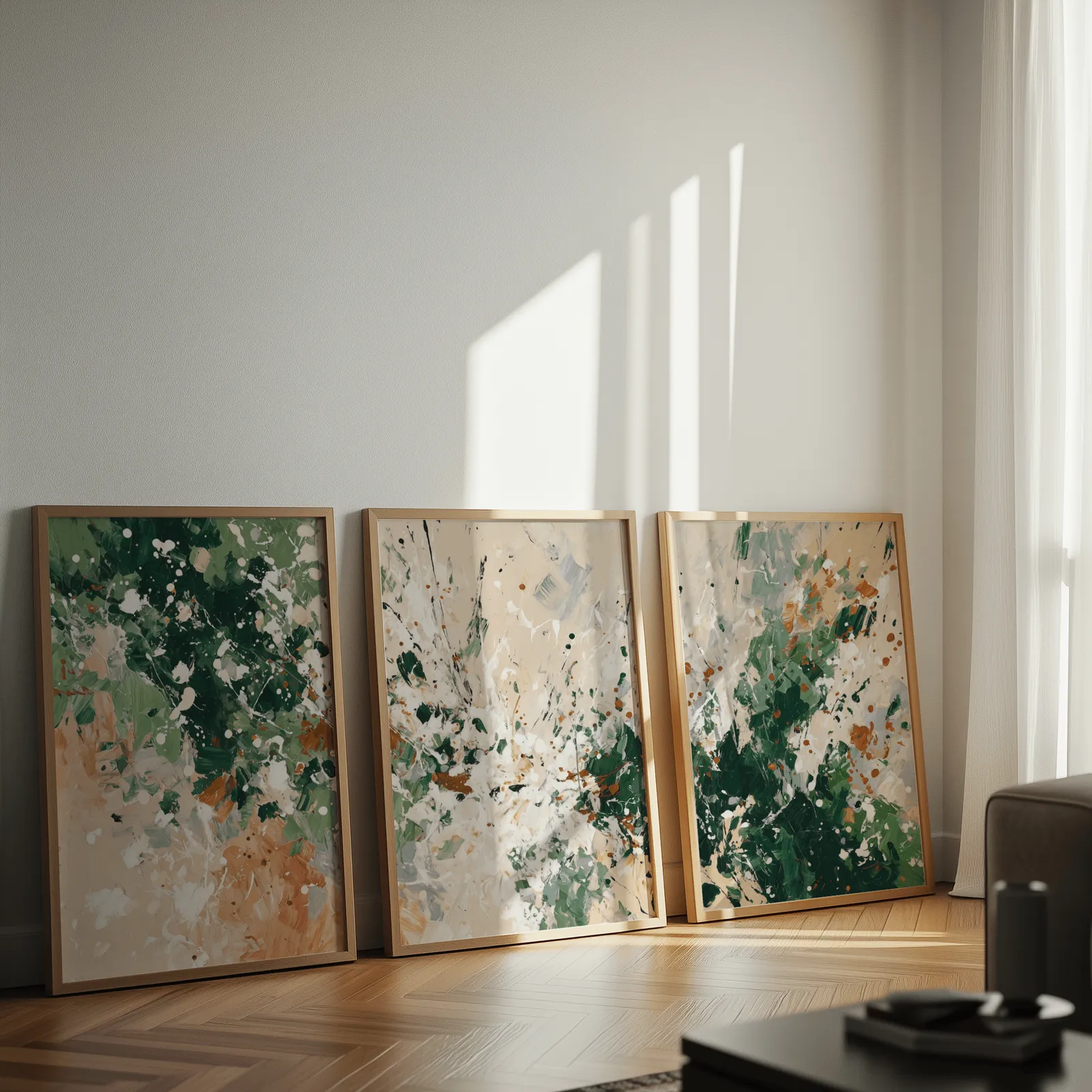 green terracotta abstract wall art set of three, leaning against a sunlit wall on herringbone flooring