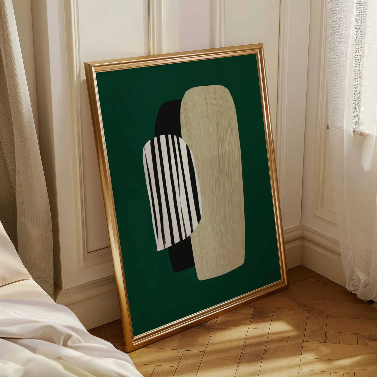 green abstract minimalist wall art with totem shapes, leaning in a sunlit corner beside sheer curtains and herringbone floor