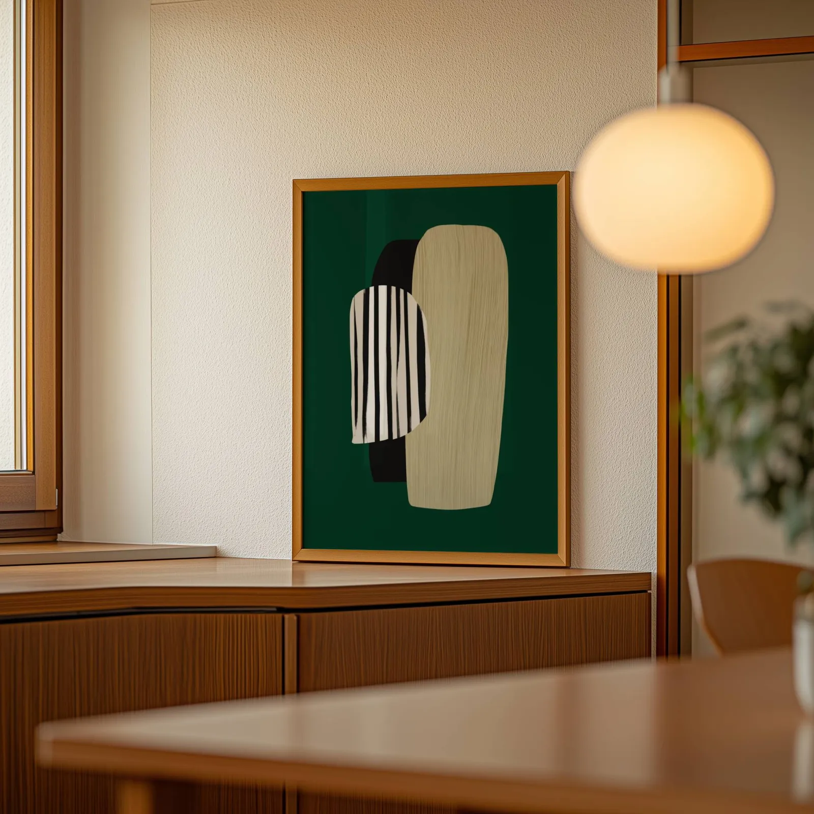 green abstract minimalist wall art with totem shapes, leaning on a wooden sideboard beside a glowing globe pendant