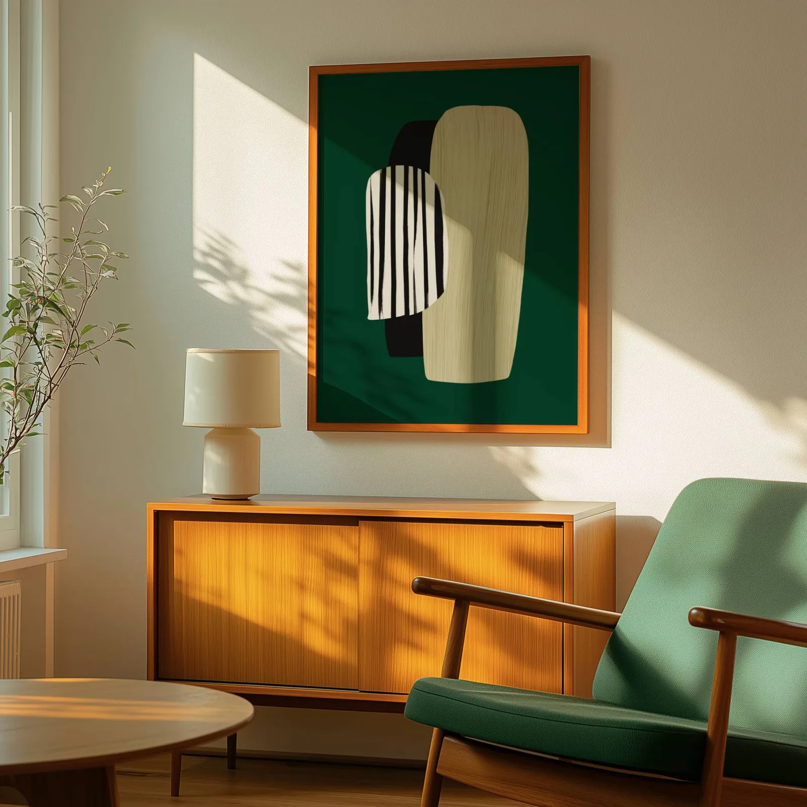 green abstract minimalist wall art with totem shapes, above a wooden sideboard with a ceramic lamp and dappled sunlight