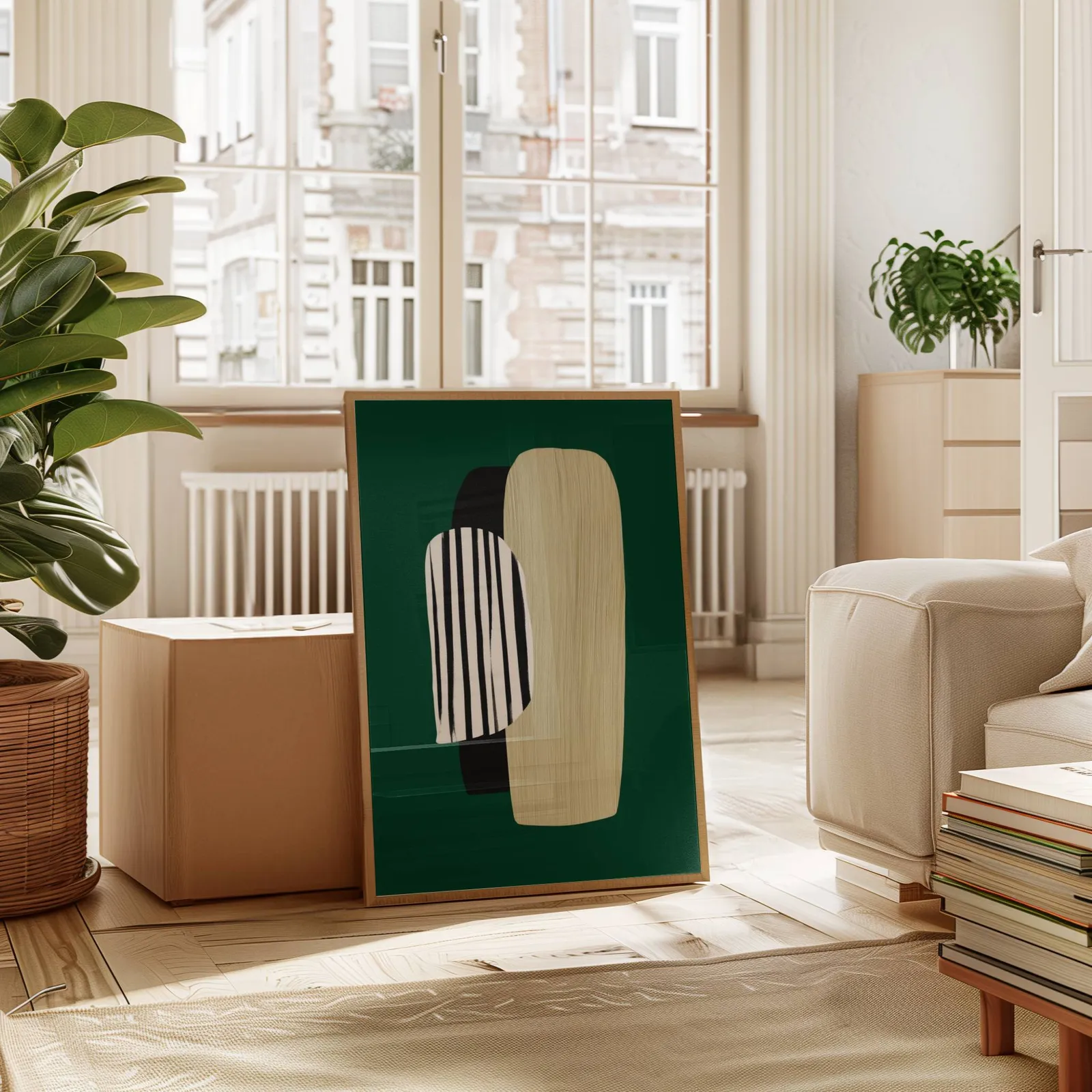 green abstract minimalist wall art with totem shapes, leaning against a cardboard box near a tall window radiator