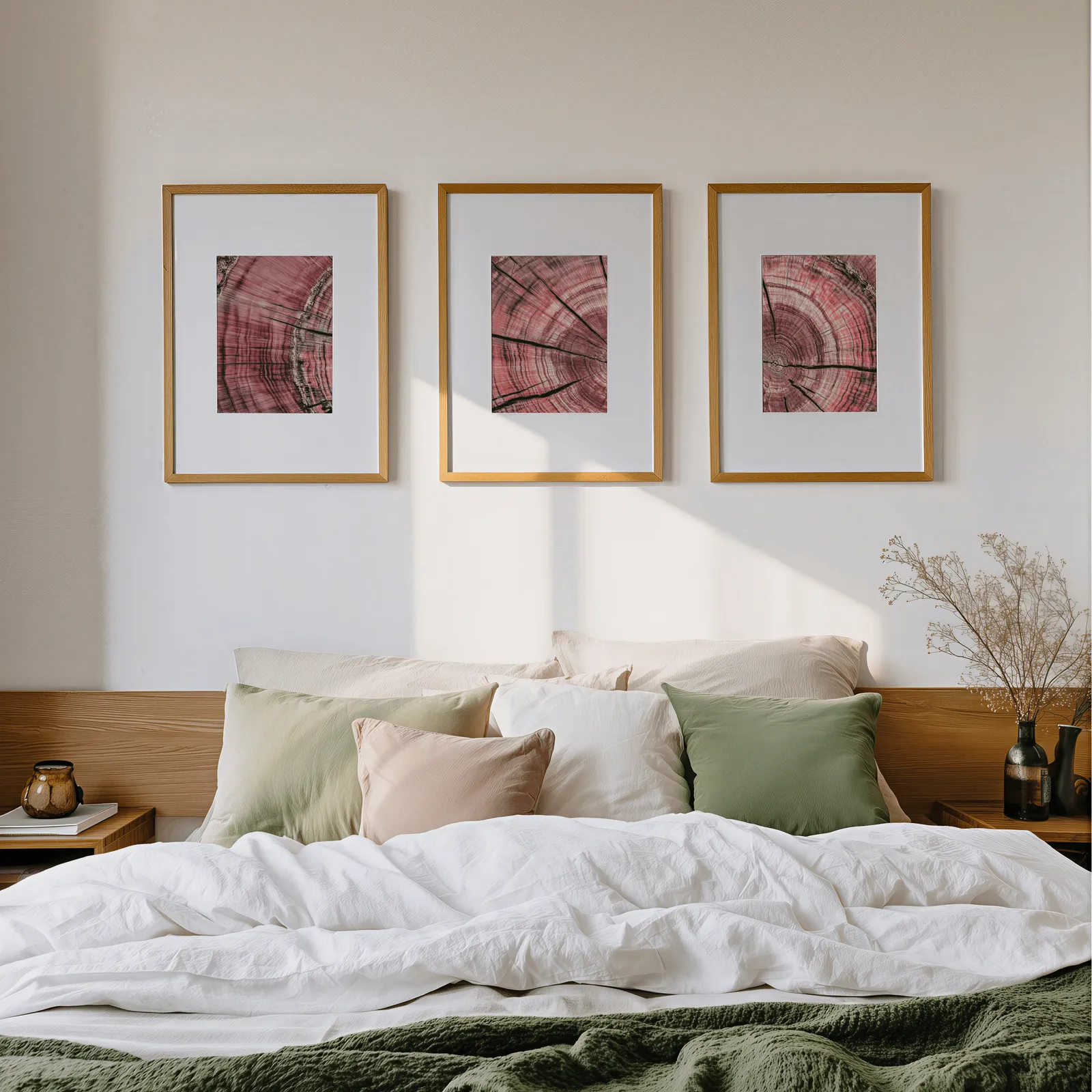 pink tree rings triptych wall art, above a wooden headboard scattered with sage and blush pillows