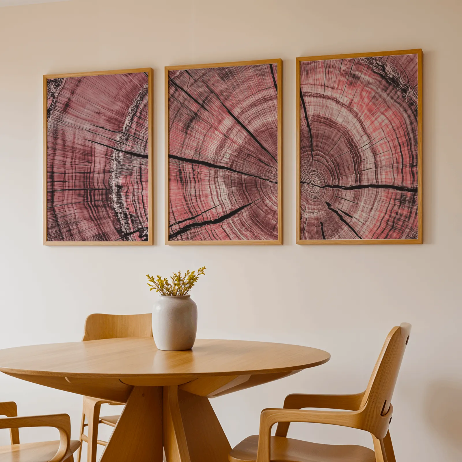 pink tree rings triptych wall art, above a round wooden table with a stoneware vase