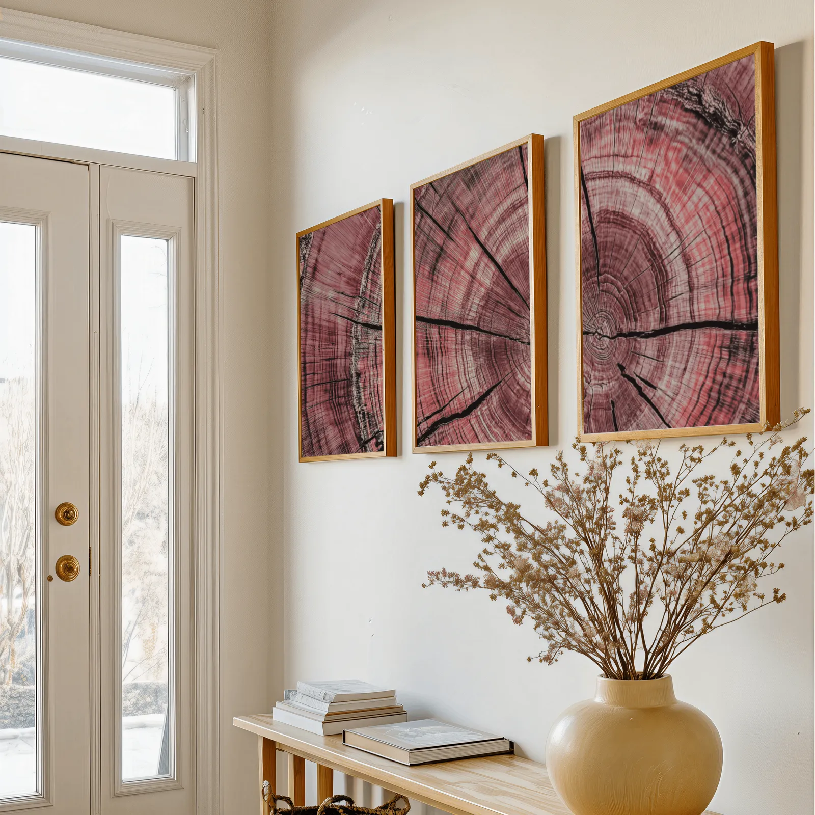 pink tree rings triptych wall art, above a console table with a yellow vase of dried branches