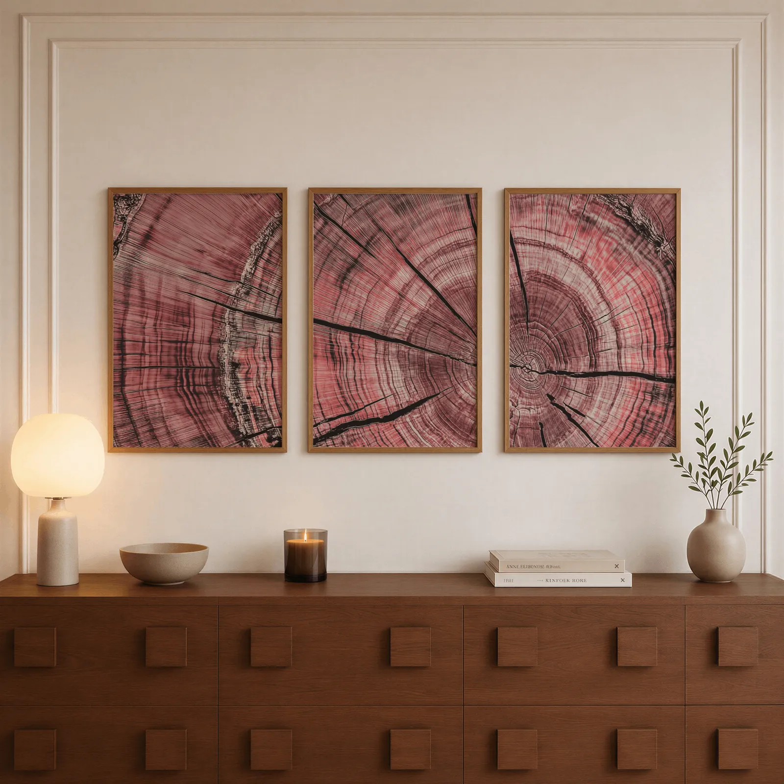 pink tree rings triptych wall art, above a walnut sideboard with a lit candle and glowing lamp