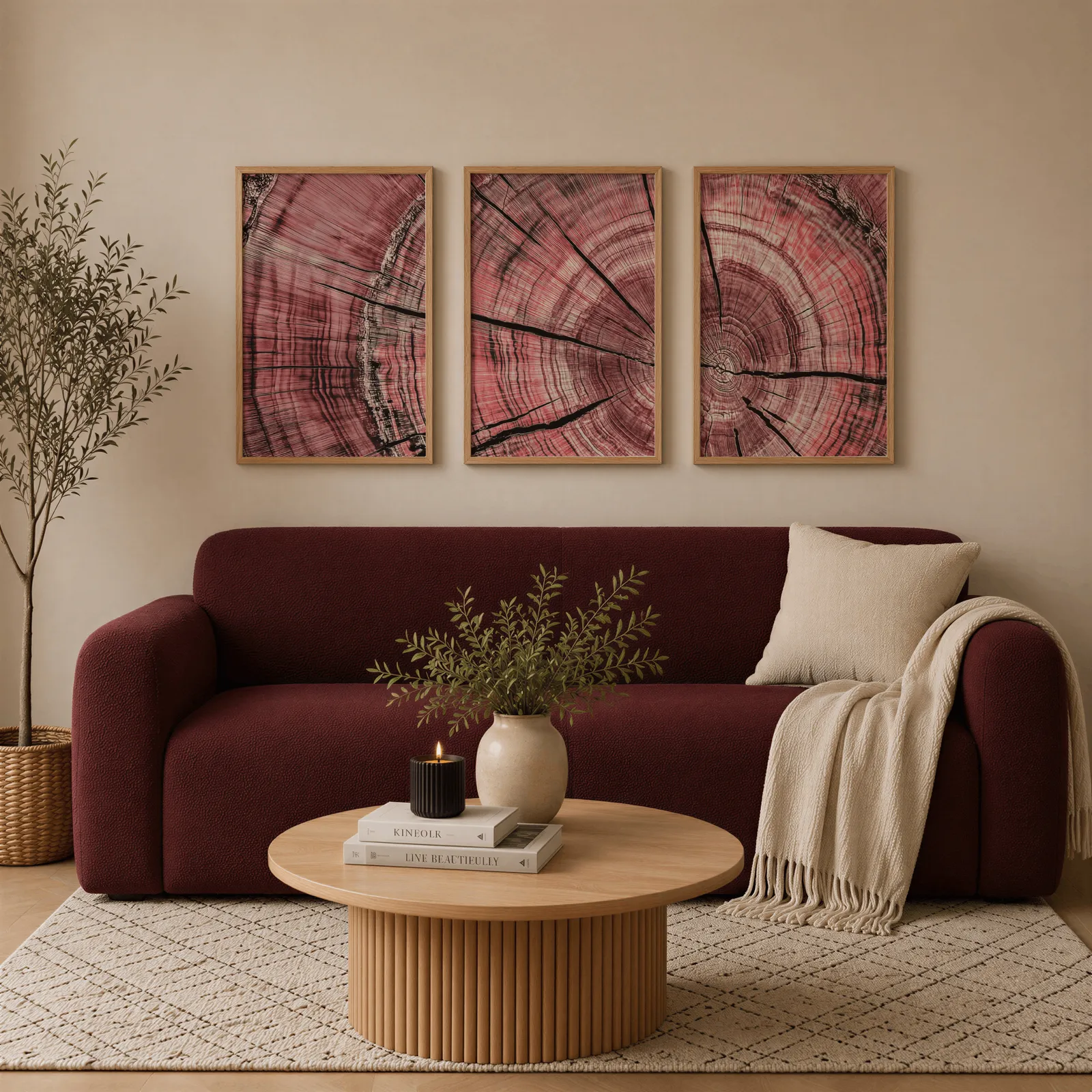 pink tree rings triptych wall art, above a burgundy boucle sofa with a cream throw